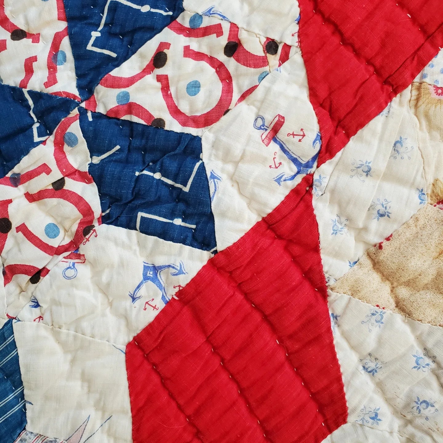 Early 20th Century Red White & Blue Star Quilt with Conversation Prints