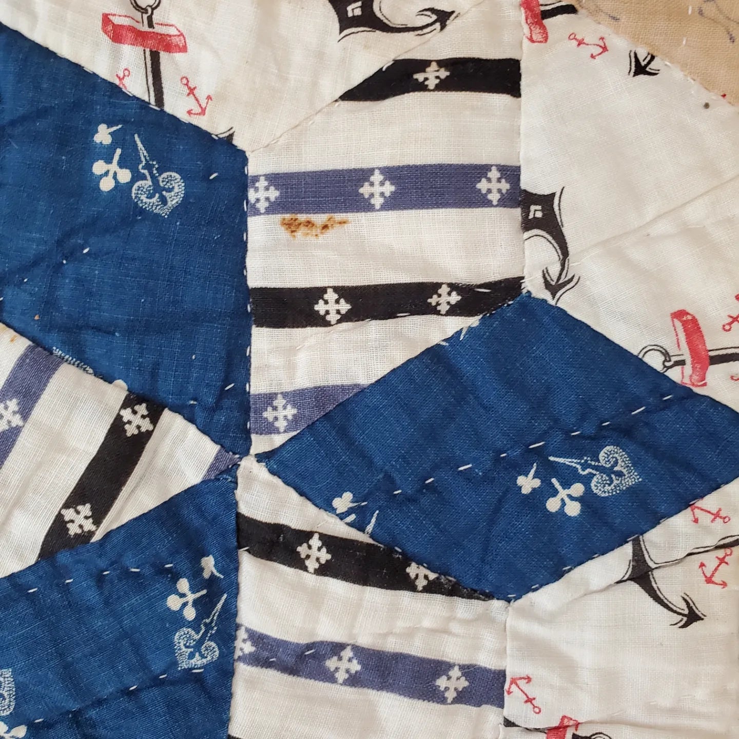 Early 20th Century Red White & Blue Star Quilt with Conversation Prints