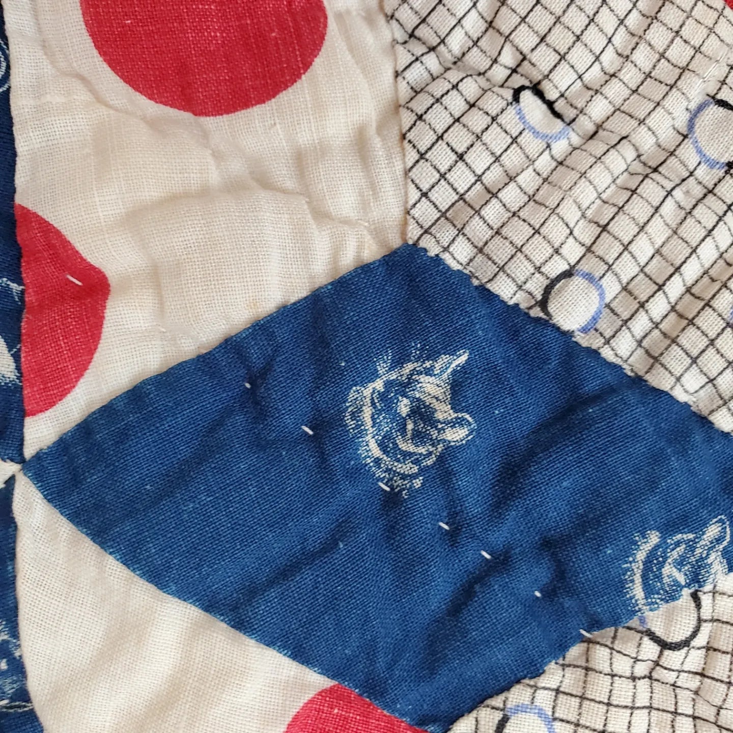 Early 20th Century Red White & Blue Star Quilt with Conversation Prints
