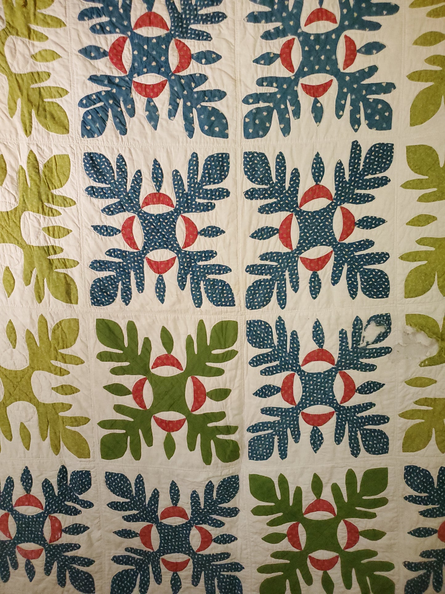 19th Century Green Blue Red & White Handstitched Applique Antique Quilt