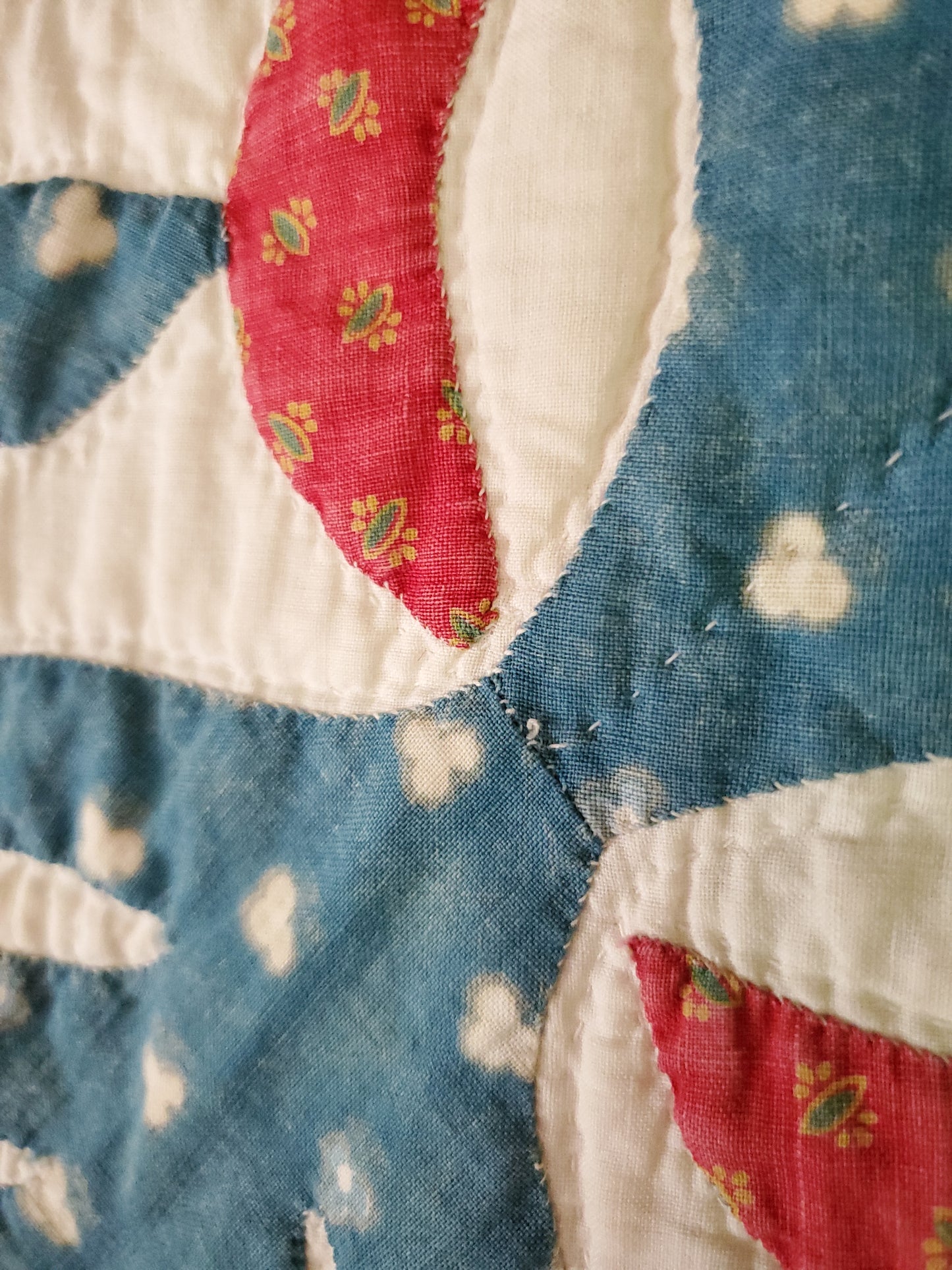 19th Century Green Blue Red & White Handstitched Applique Antique Quilt