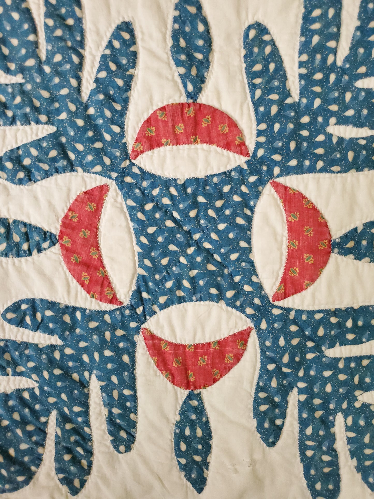 19th Century Green Blue Red & White Handstitched Applique Antique Quilt