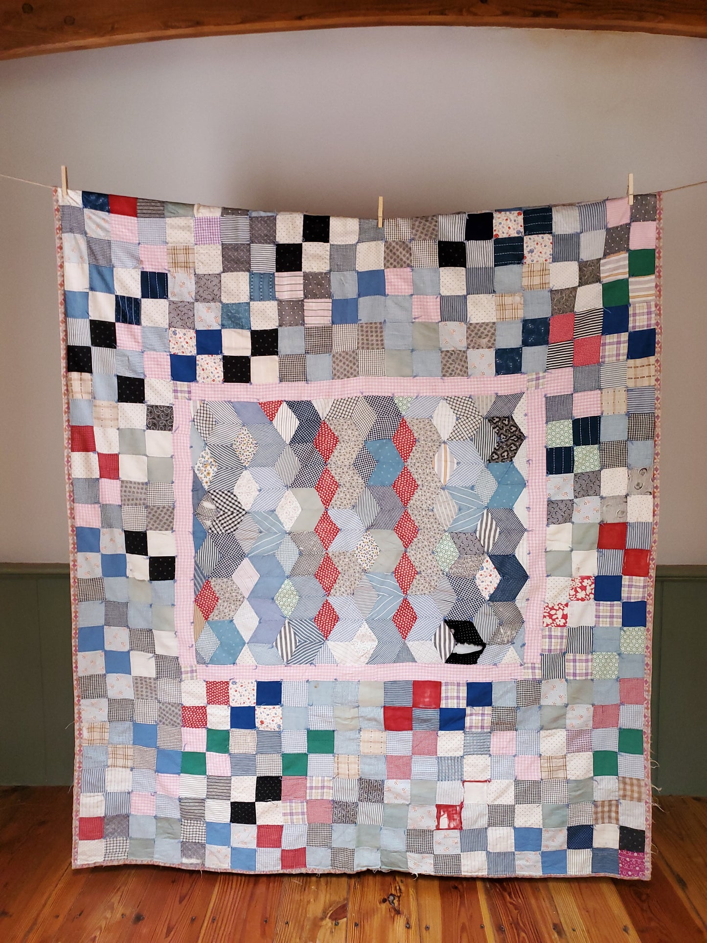 Hand Tied, Scrappy, Multi-Color Vintage Quilt, ca 1950