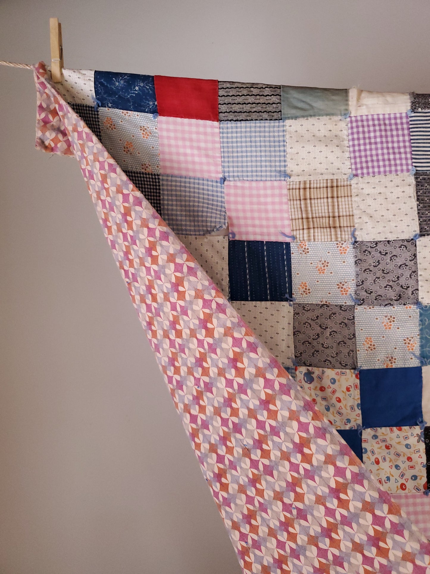 Hand Tied, Scrappy, Multi-Color Vintage Quilt, ca 1950