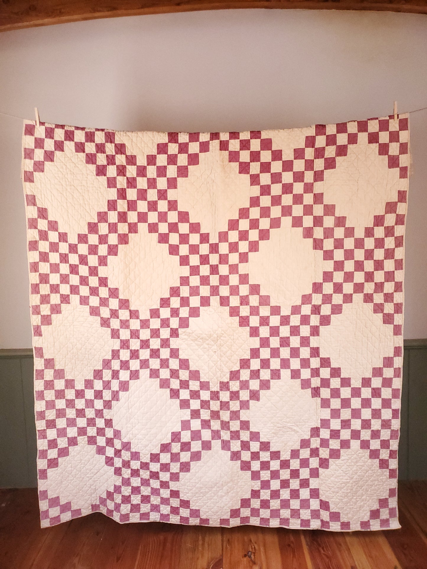 Cream & Burgundy Double Irish Chain Vintage Quilt