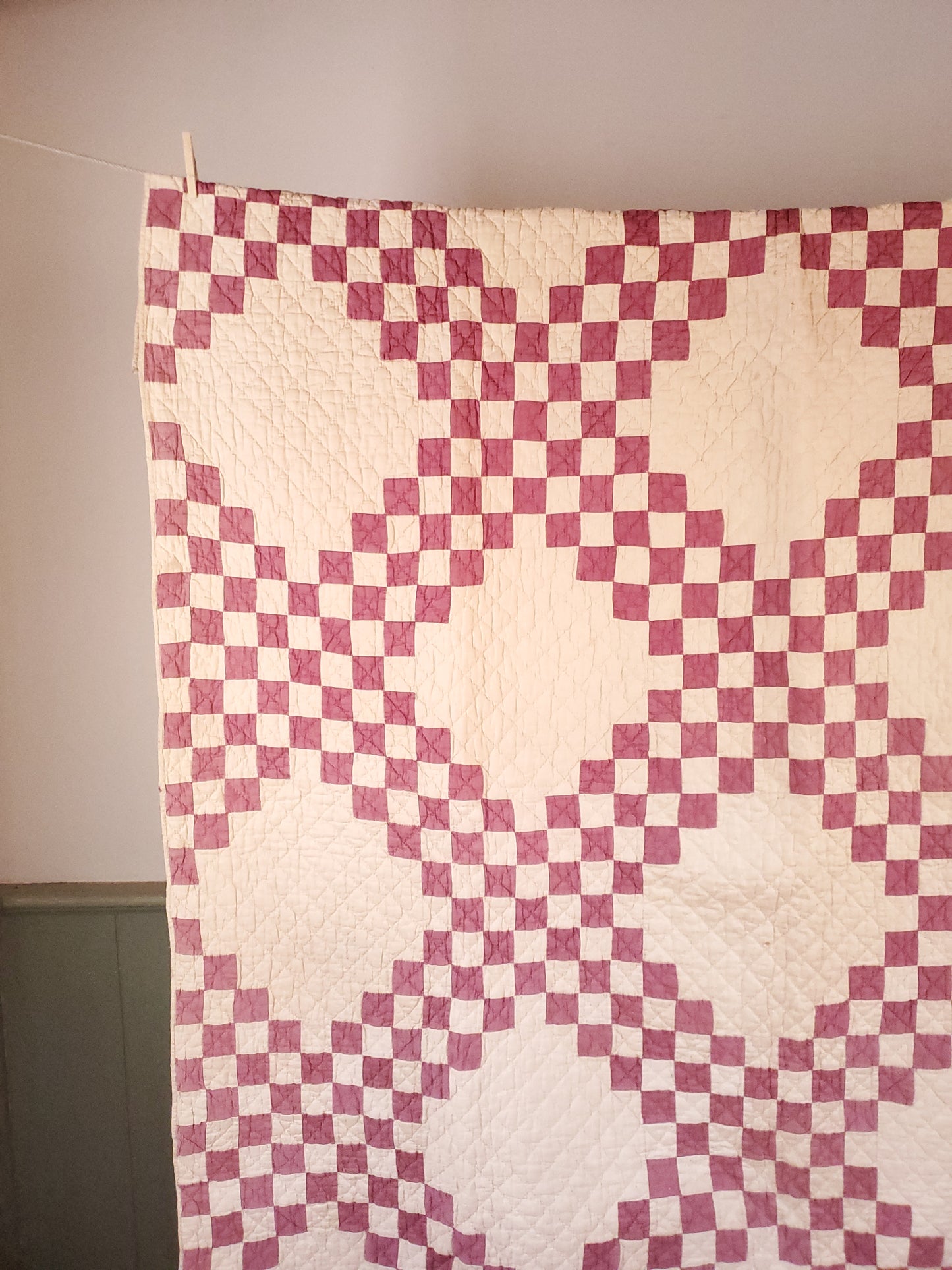 Cream & Burgundy Double Irish Chain Vintage Quilt