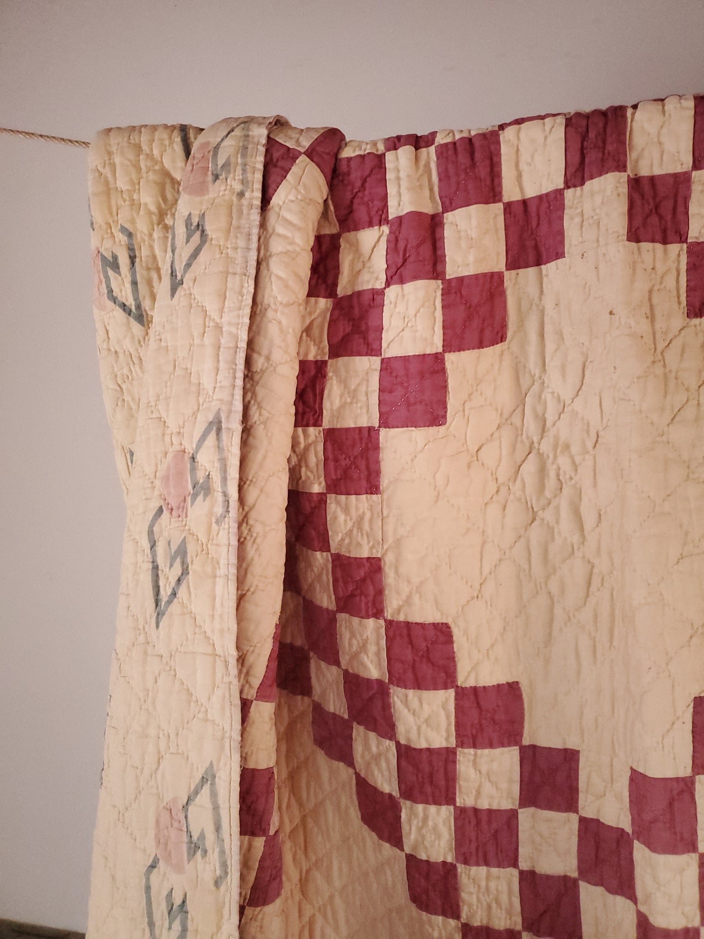 Cream & Burgundy Double Irish Chain Vintage Quilt