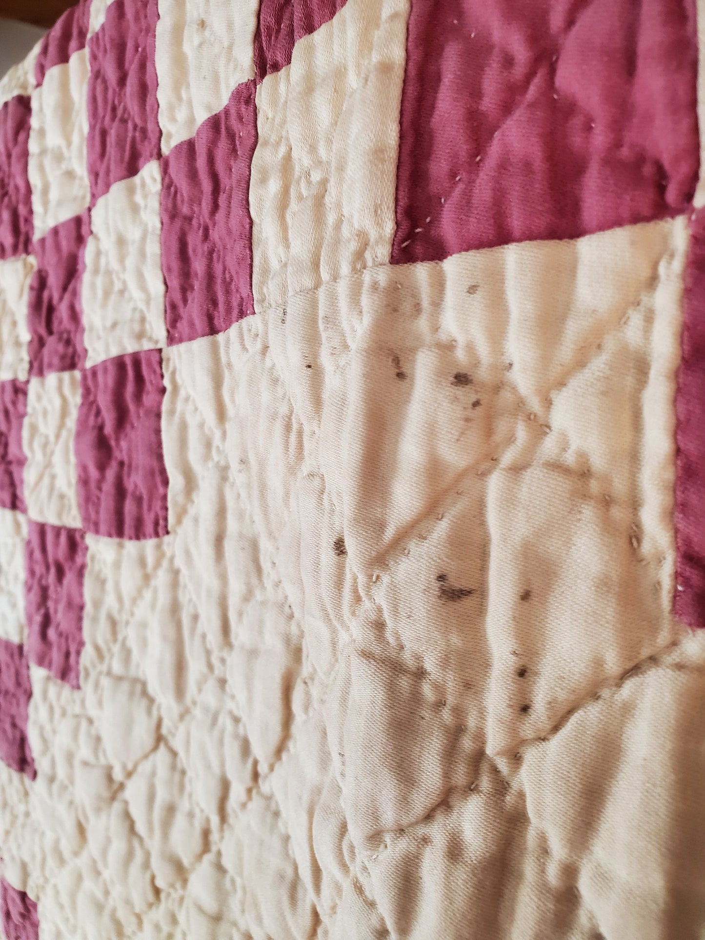 Cream & Burgundy Double Irish Chain Vintage Quilt