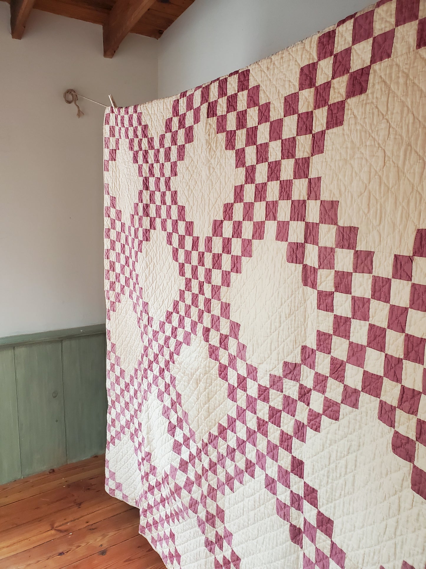 Cream & Burgundy Double Irish Chain Vintage Quilt