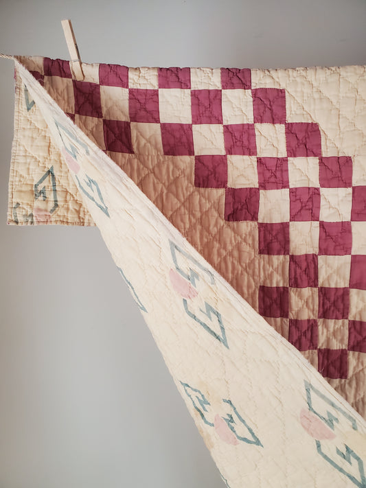 Cream & Burgundy Double Irish Chain Vintage Quilt