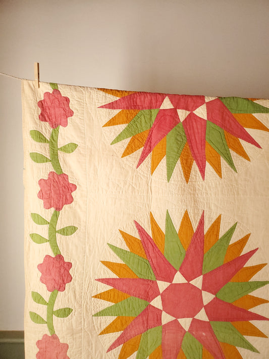 19th Century Rare Rose Border Compass Antique Quilt Turkey Red, Cheddar & Green