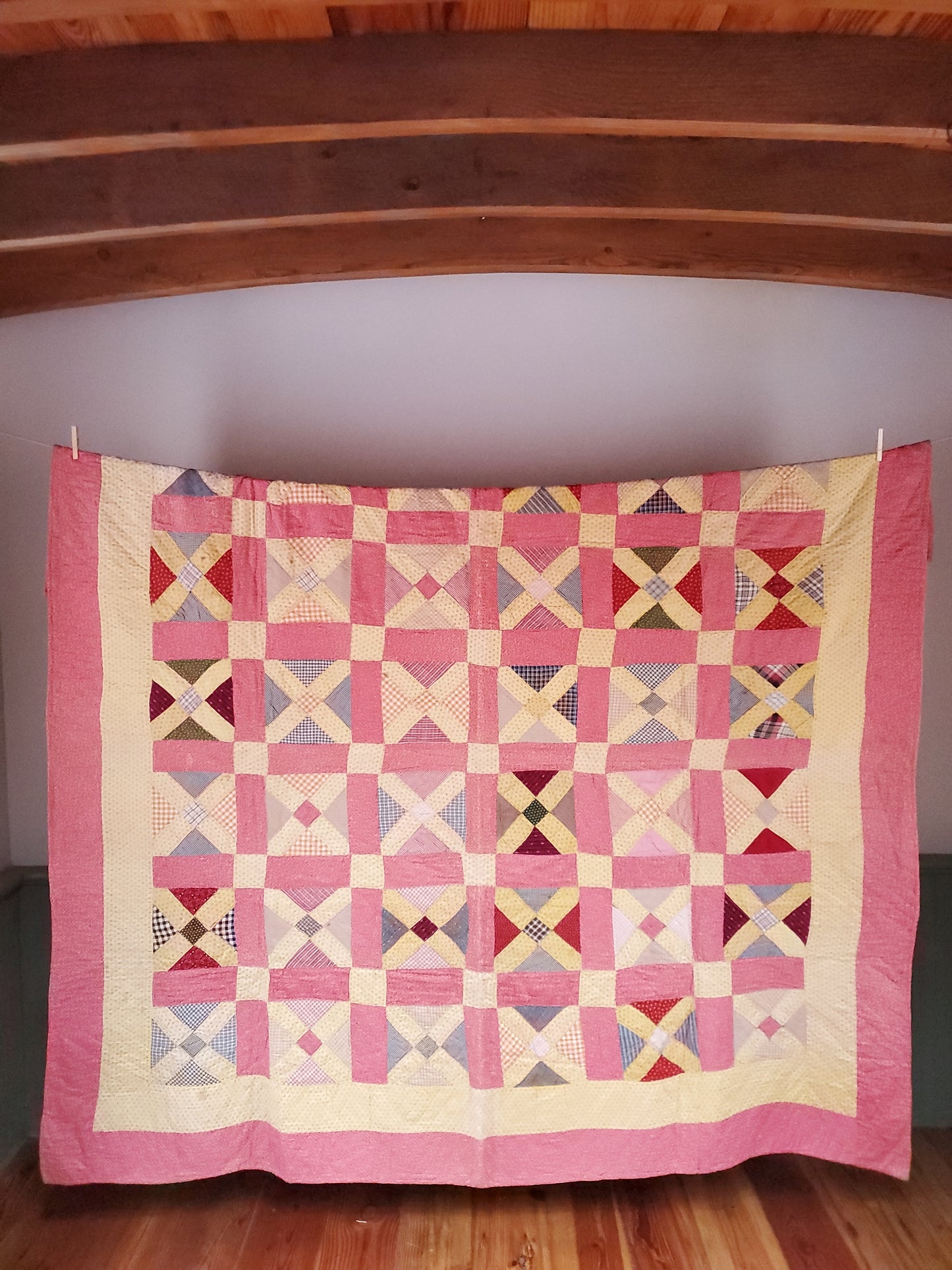 Double Pink & Yellow Calico & Shirting Antique Quilt