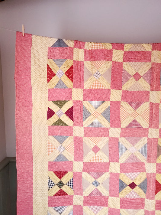 Double Pink & Yellow Calico & Shirting Antique Quilt