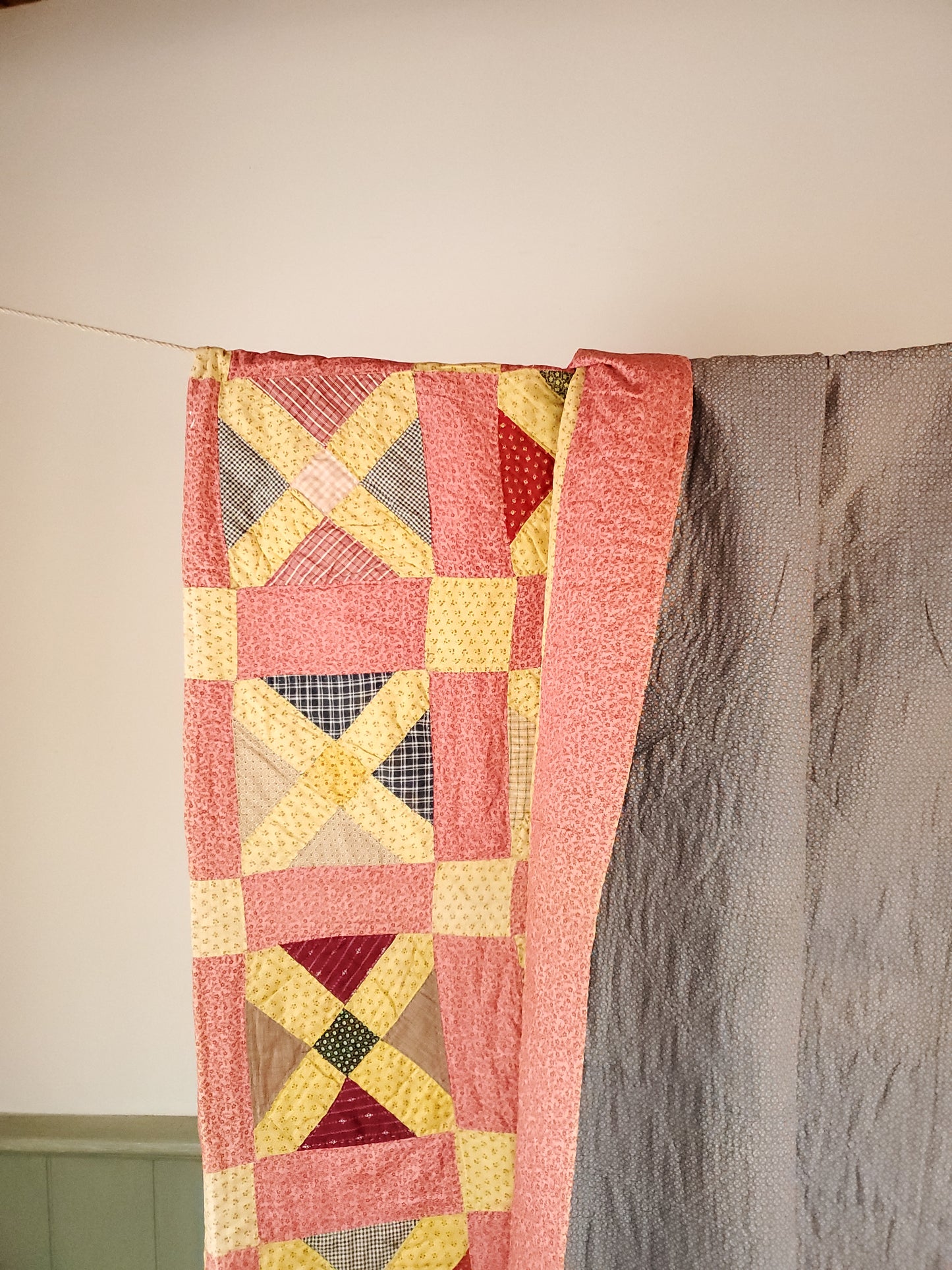 Double Pink & Yellow Calico & Shirting Antique Quilt