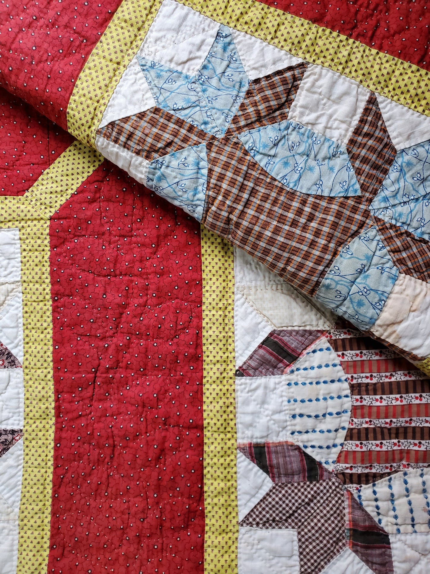 Red, Yellow & Multicolor 19th Century Trellis Madder Antique Quilt