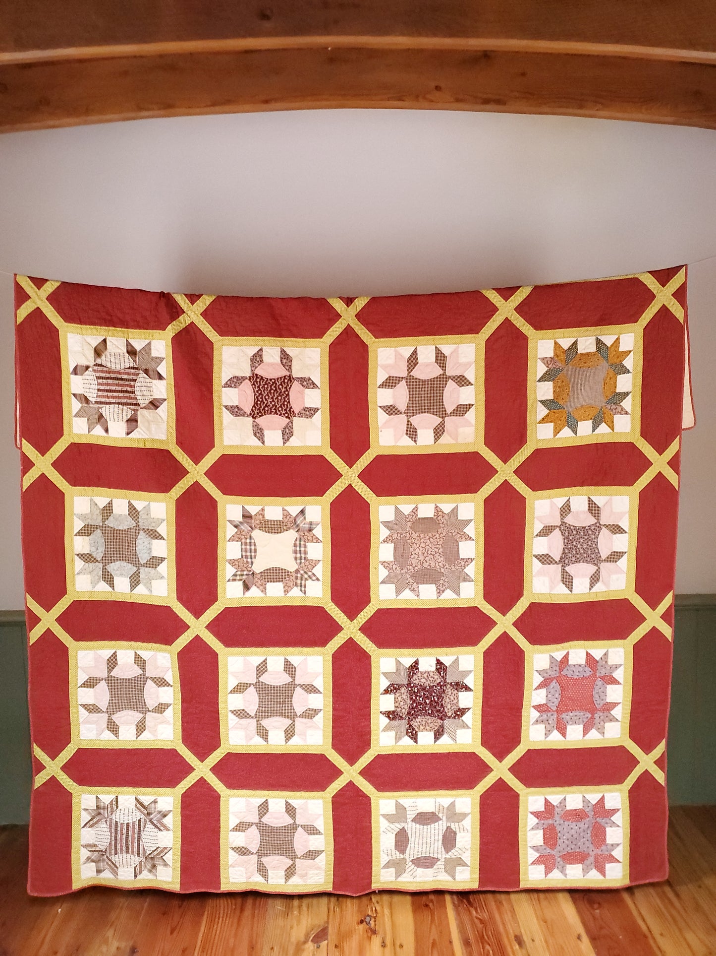 Red, Yellow & Multicolor 19th Century Trellis Madder Antique Quilt