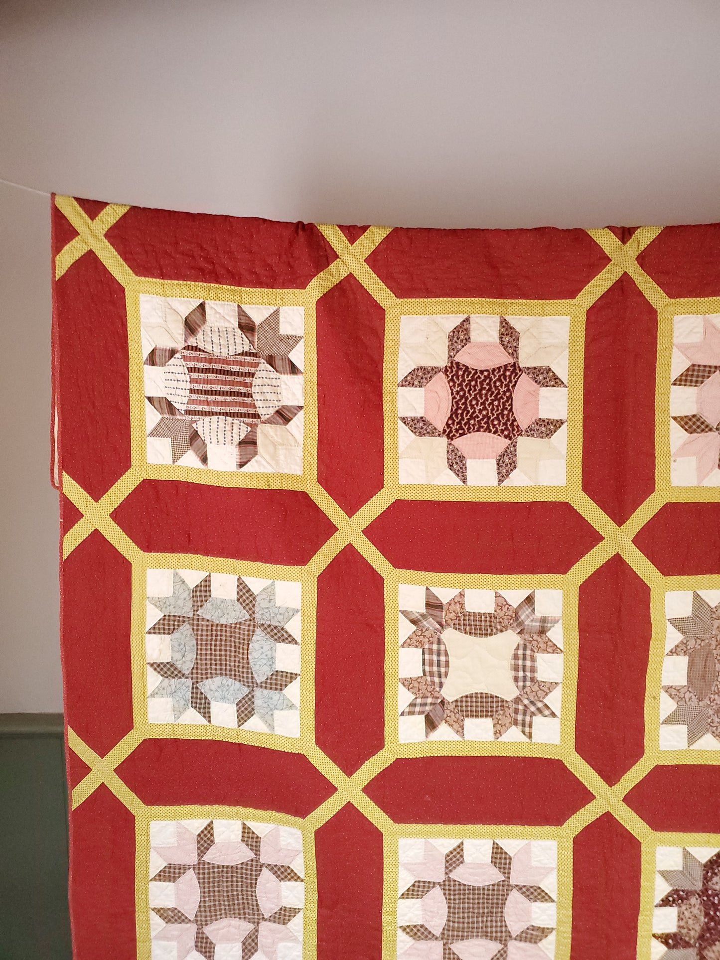 Red, Yellow & Multicolor 19th Century Trellis Madder Antique Quilt