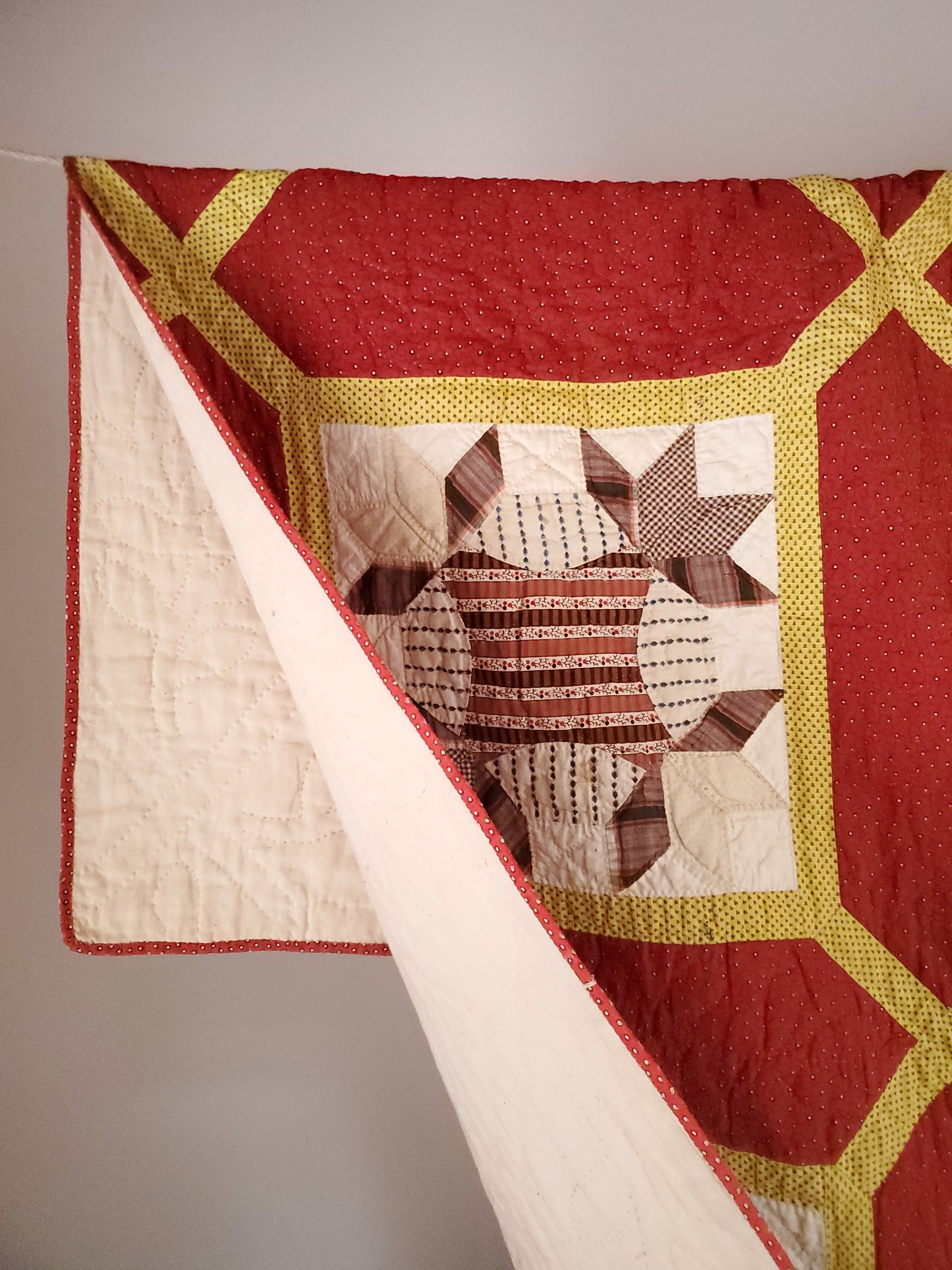 Red, Yellow & Multicolor 19th Century Trellis Madder Antique Quilt