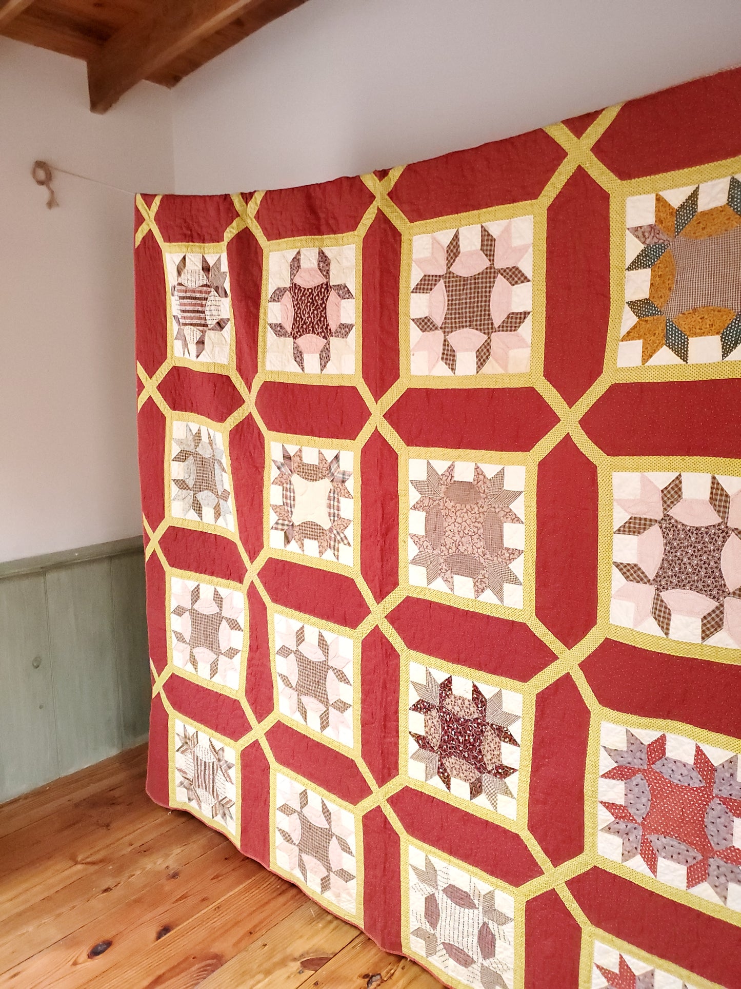 Red, Yellow & Multicolor 19th Century Trellis Madder Antique Quilt