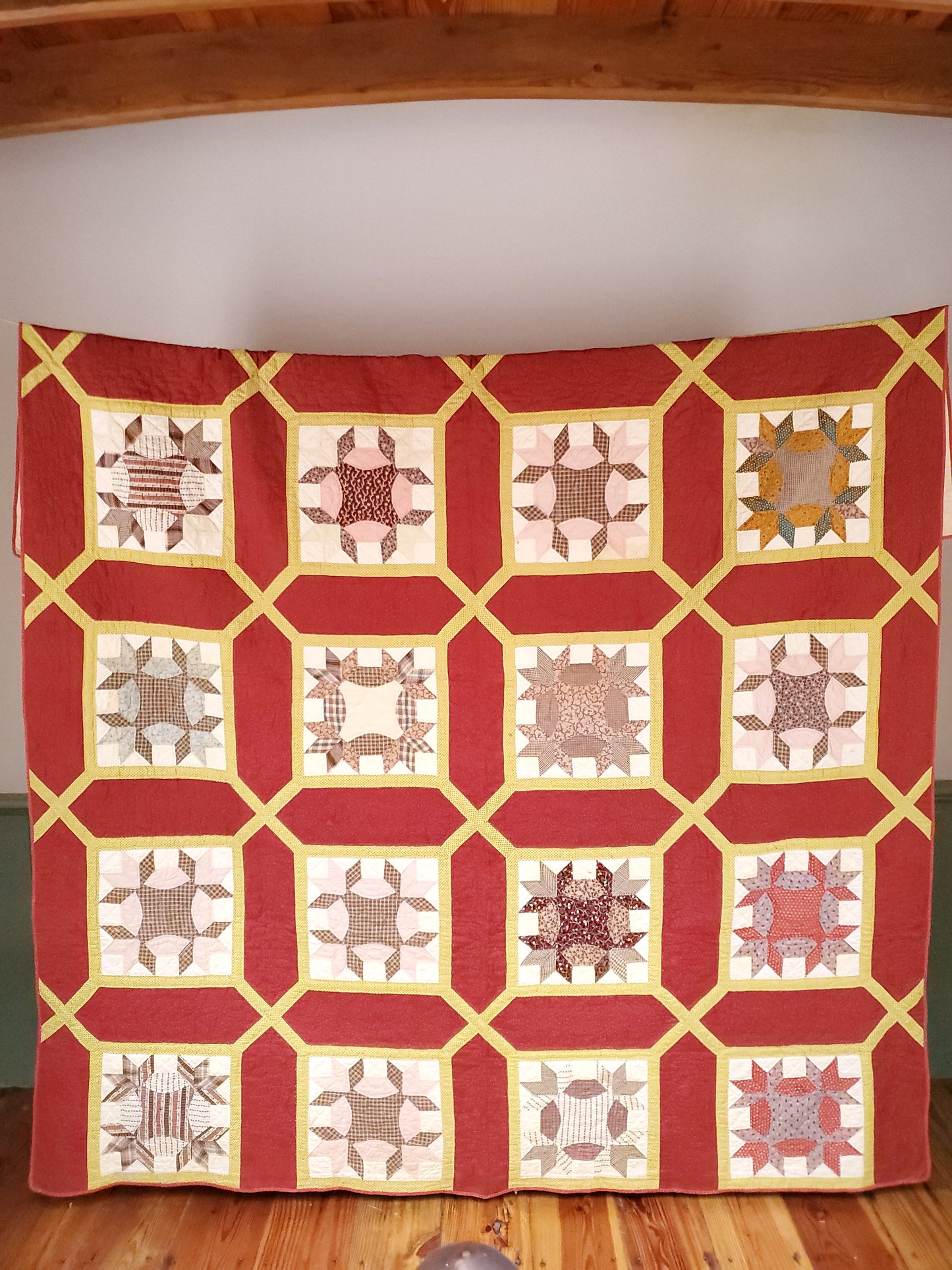 Red, Yellow & Multicolor 19th Century Trellis Madder Antique Quilt