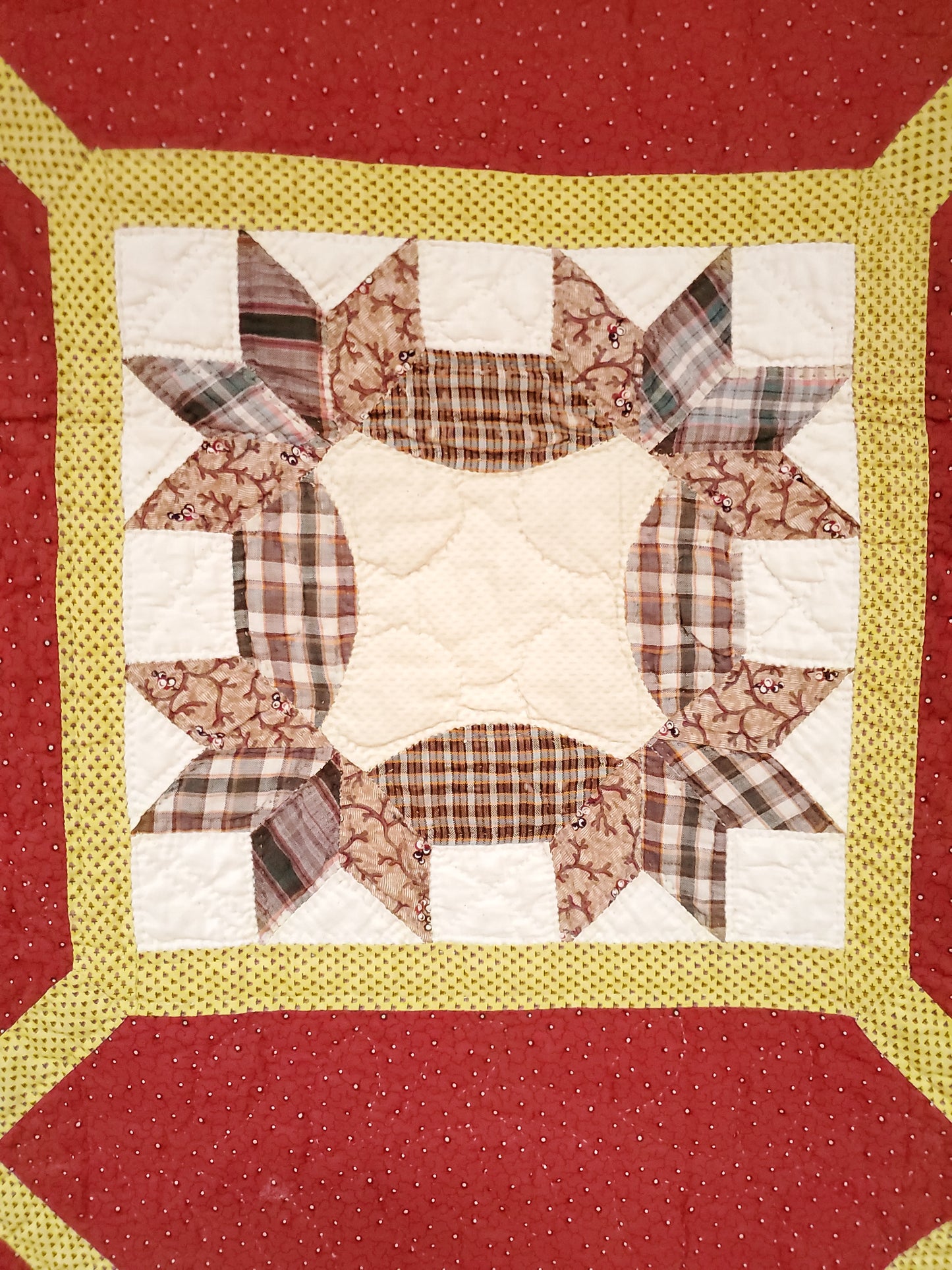 Red, Yellow & Multicolor 19th Century Trellis Madder Antique Quilt