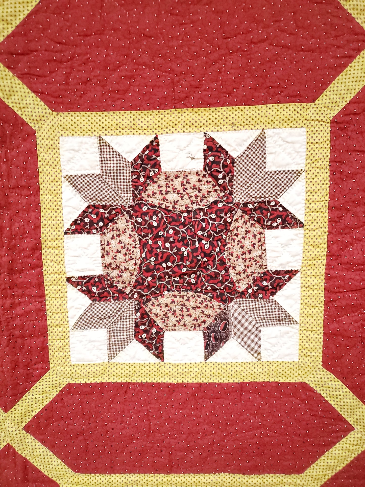 Red, Yellow & Multicolor 19th Century Trellis Madder Antique Quilt