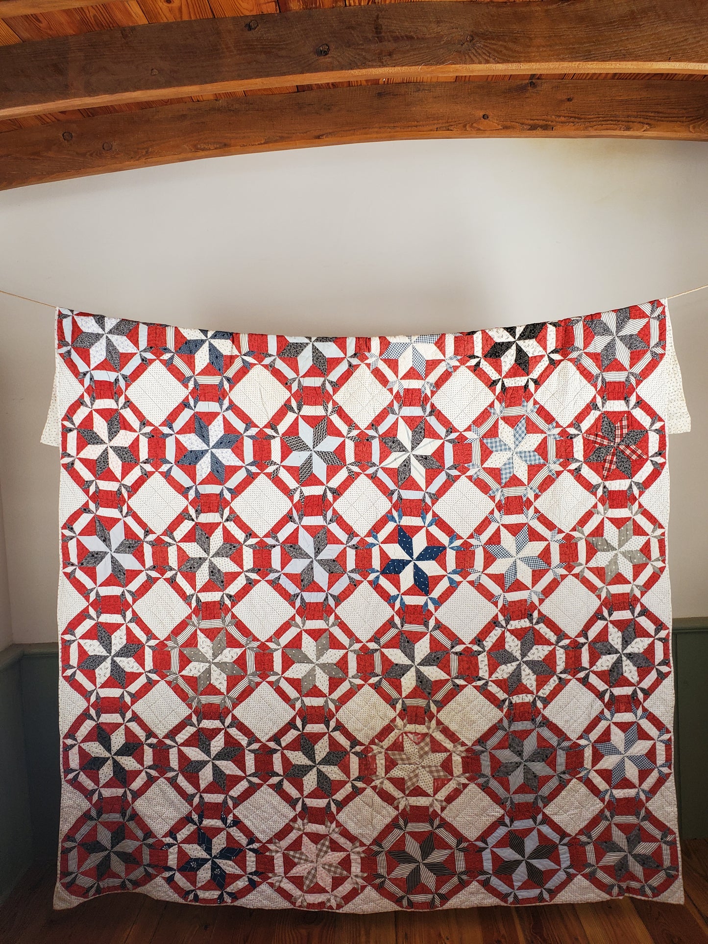 20th Century Red White & Blue Star Antique Quilt ca 1900