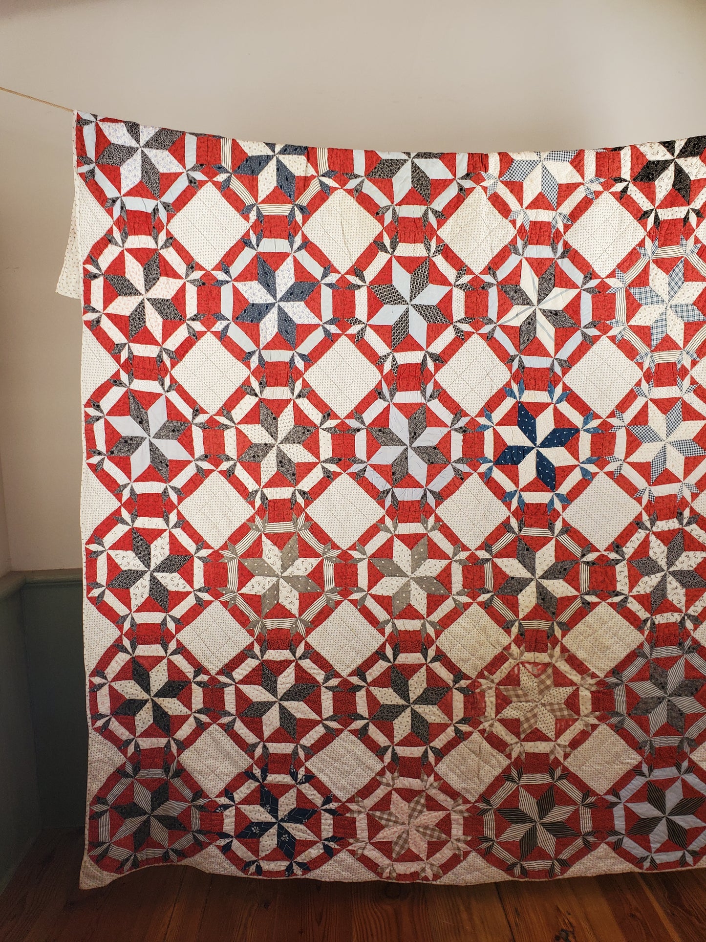 20th Century Red White & Blue Star Antique Quilt ca 1900