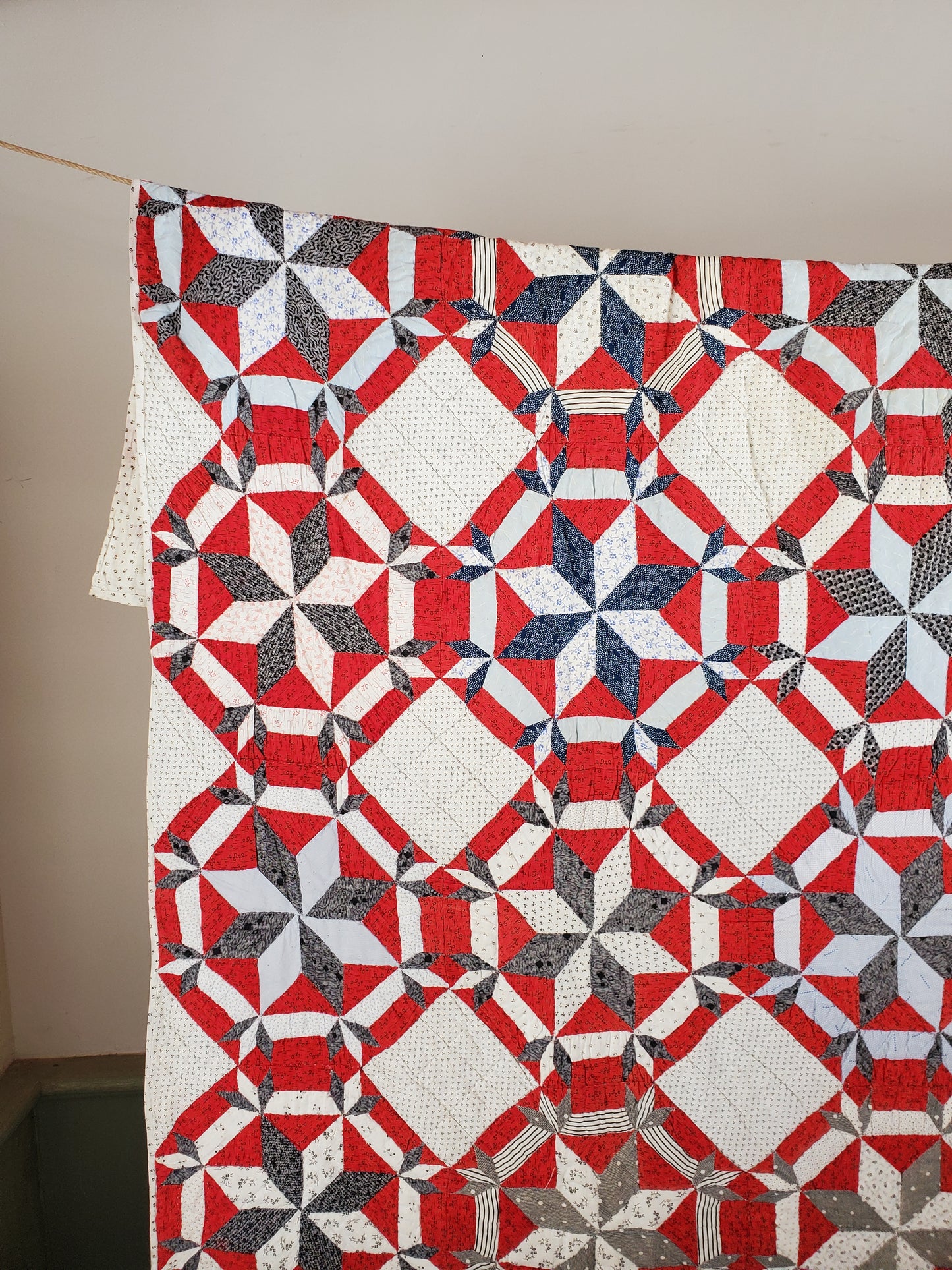 20th Century Red White & Blue Star Antique Quilt ca 1900