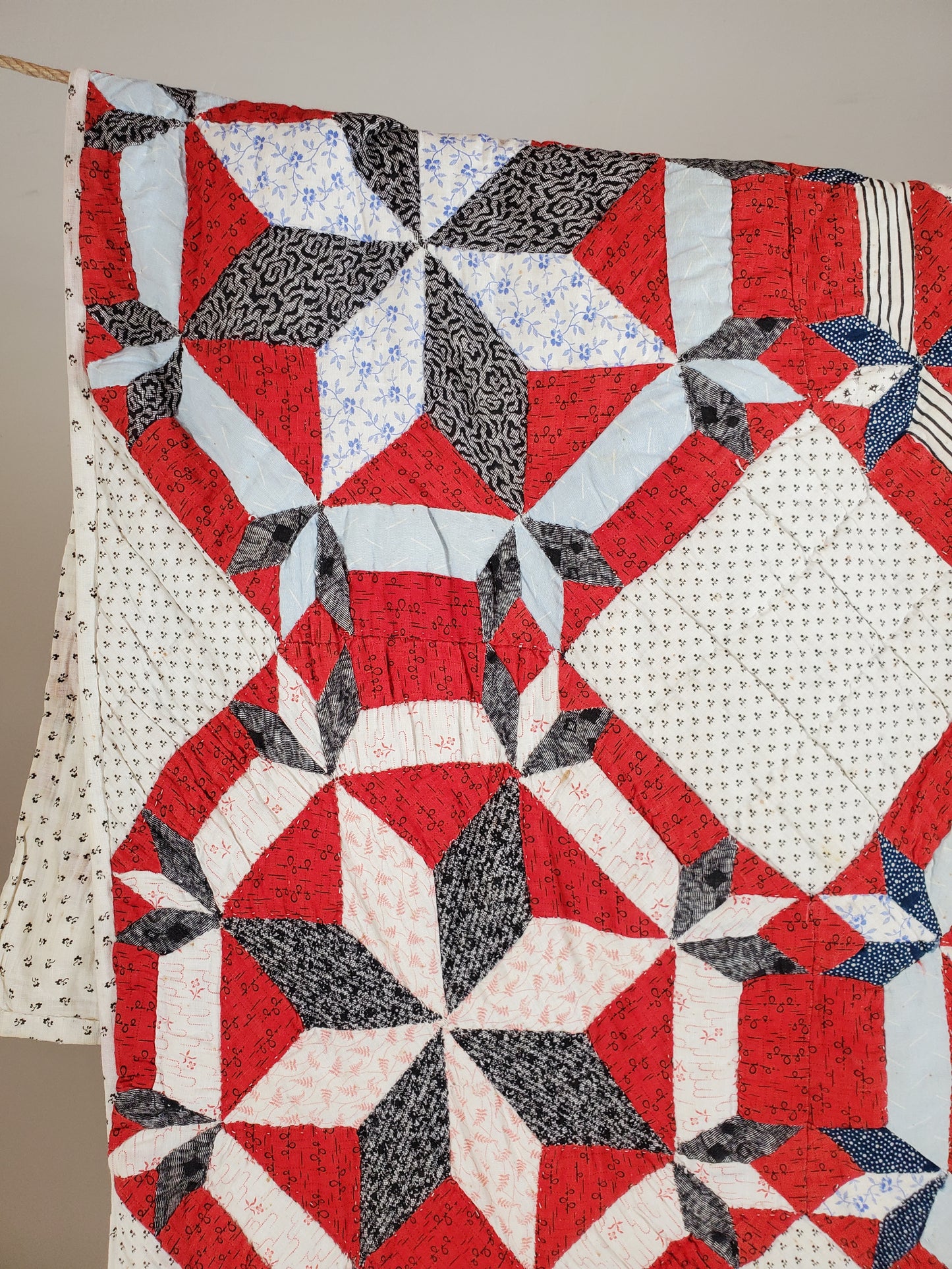 20th Century Red White & Blue Star Antique Quilt ca 1900