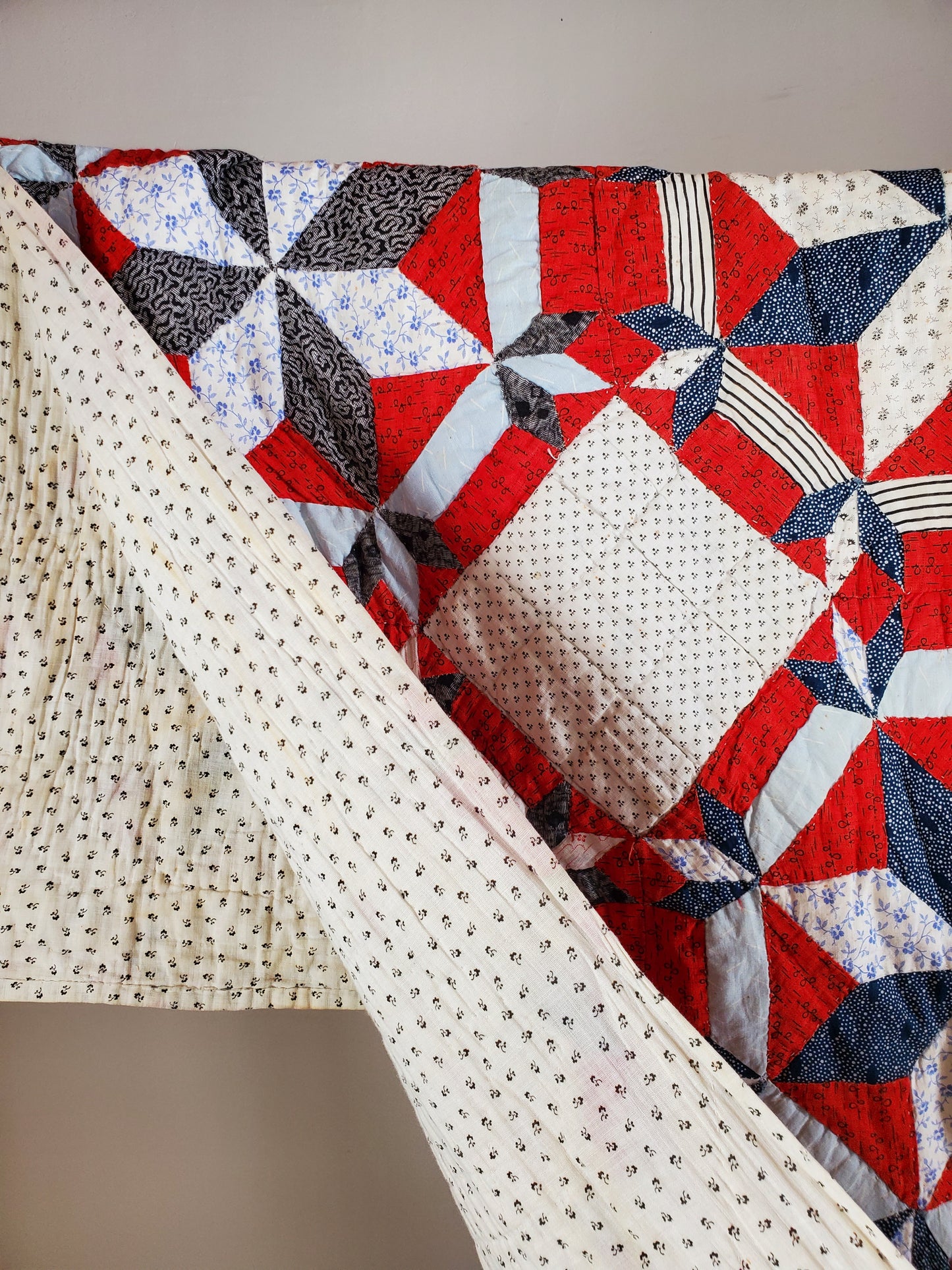 20th Century Red White & Blue Star Antique Quilt ca 1900