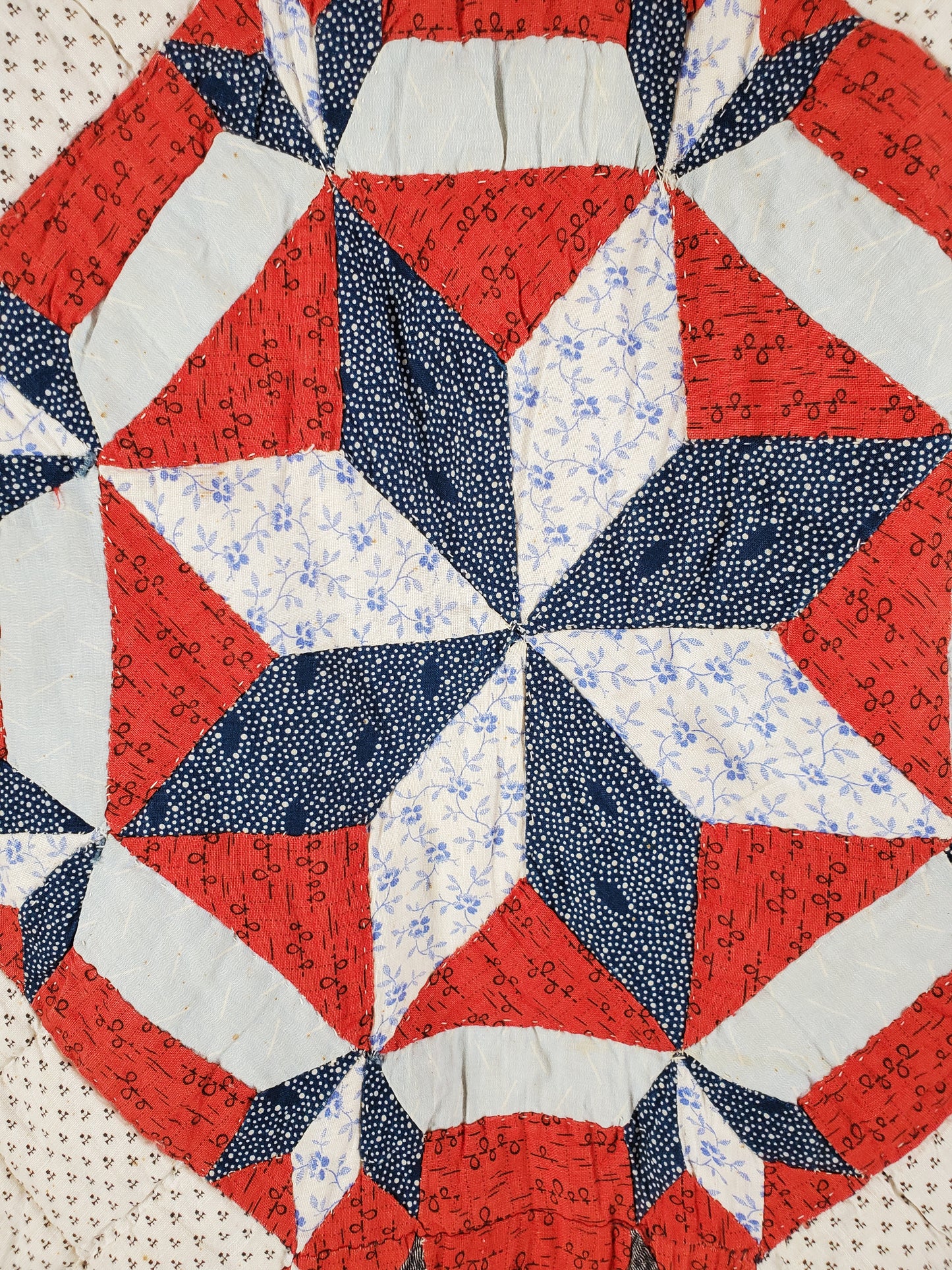 20th Century Red White & Blue Star Antique Quilt ca 1900