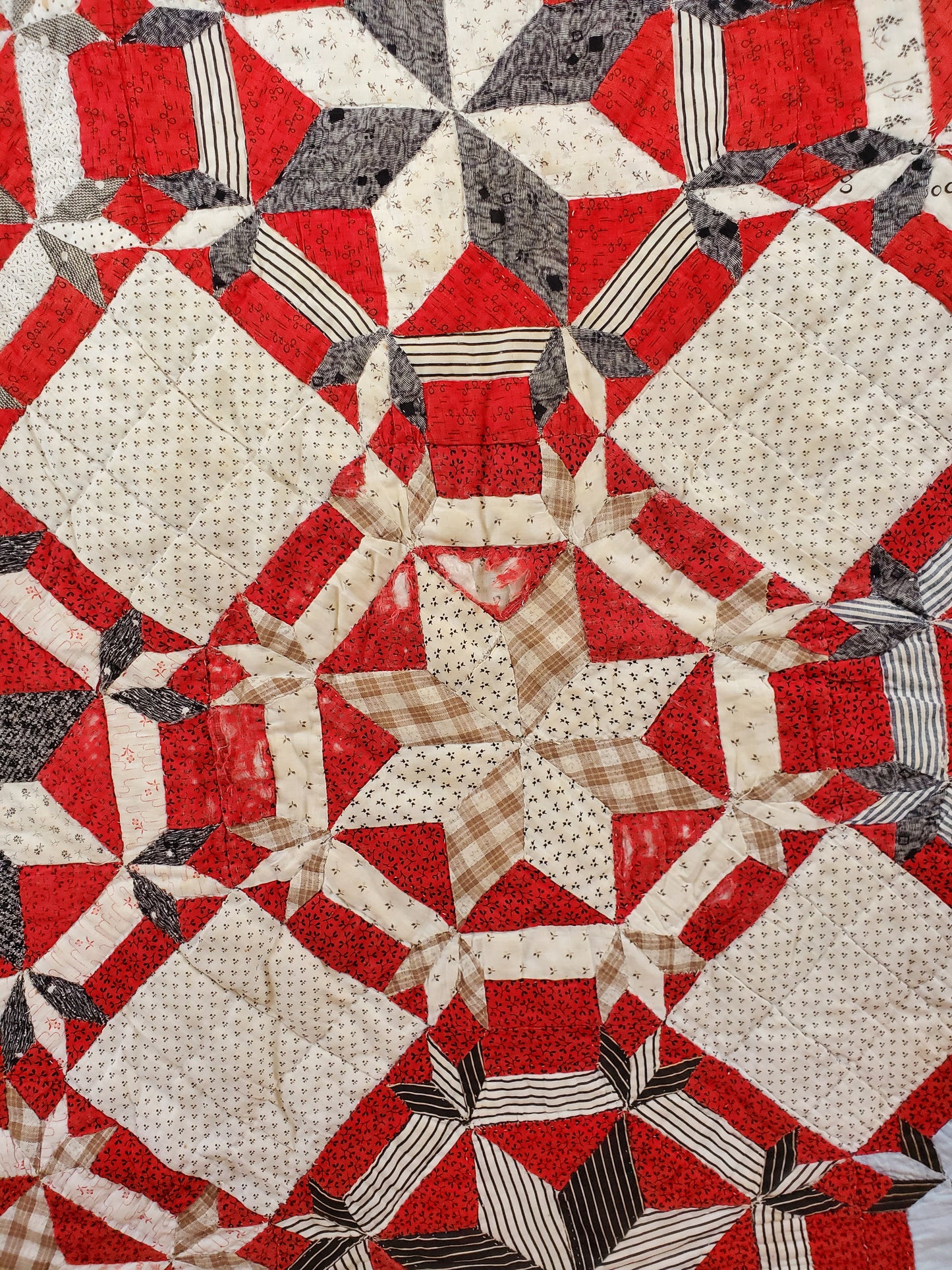 20th Century Red White & Blue Star Antique Quilt ca 1900