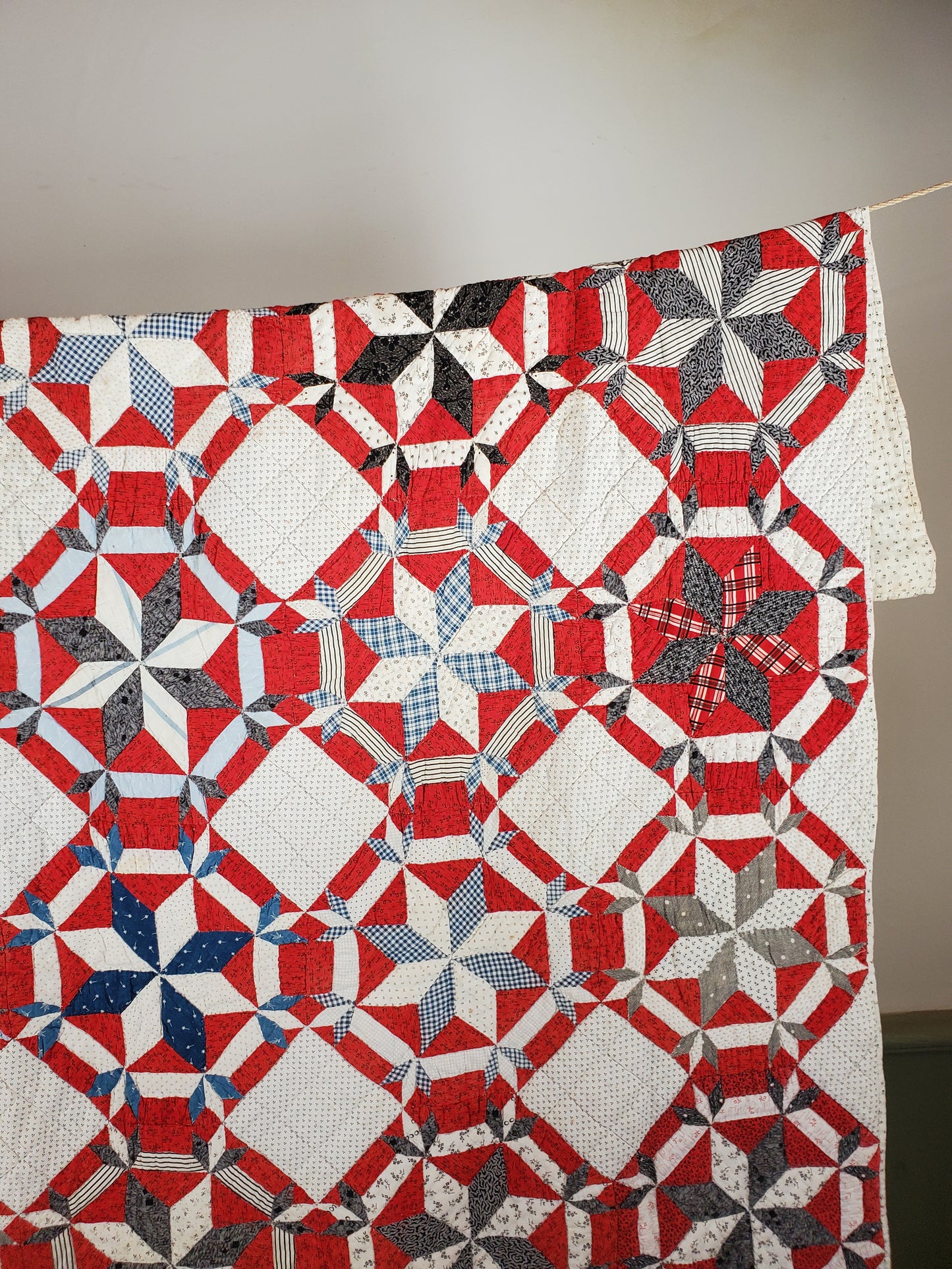 20th Century Red White & Blue Star Antique Quilt ca 1900