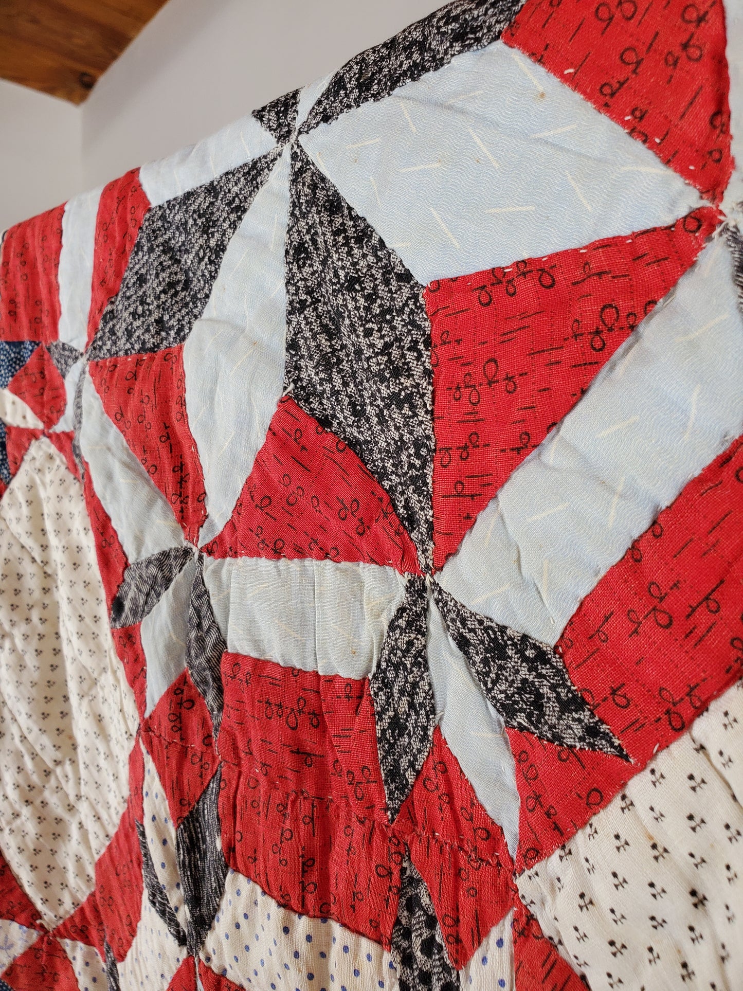 20th Century Red White & Blue Star Antique Quilt ca 1900