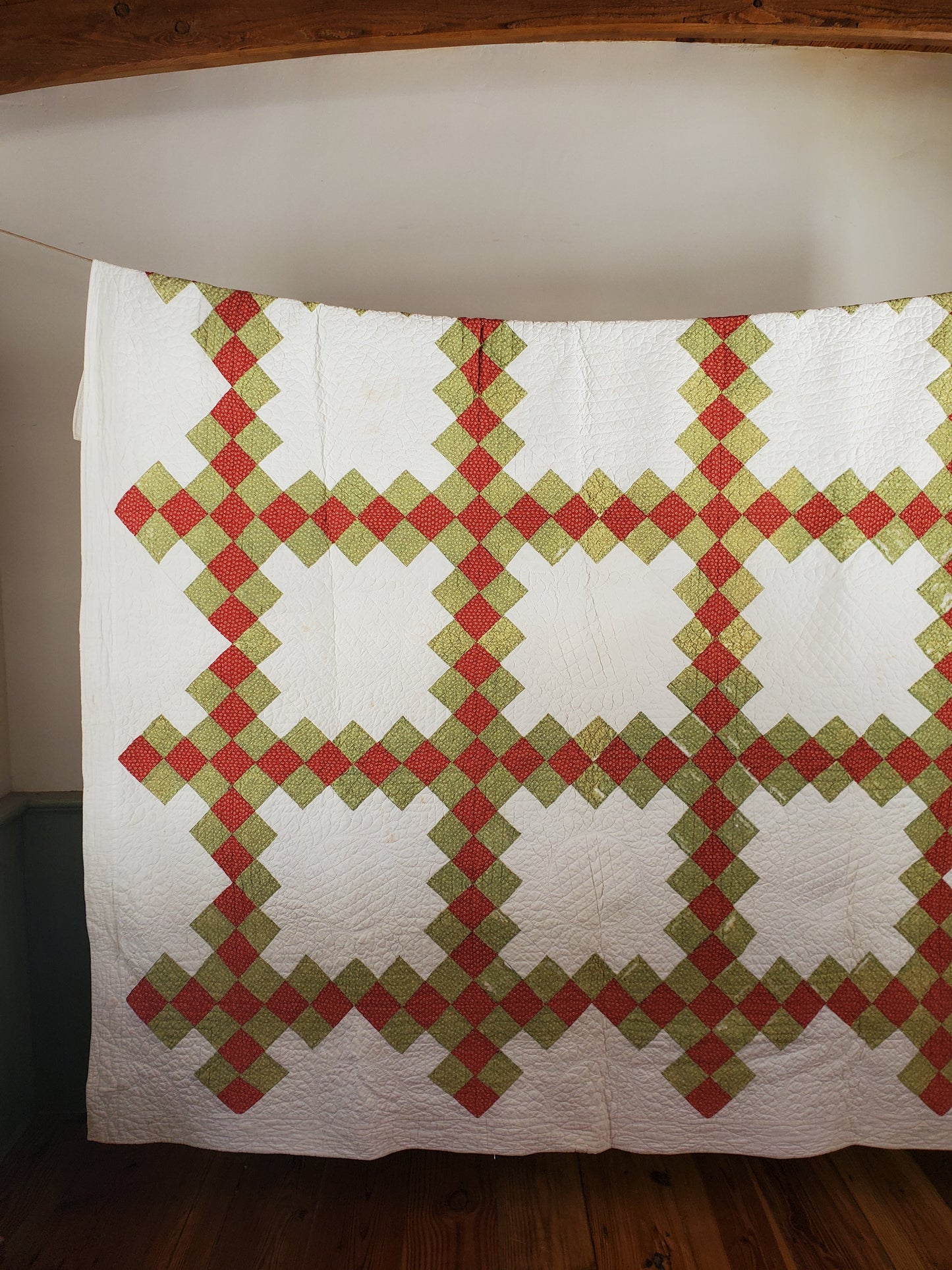 19th Century Red & Green Antique Quilt Irish Chain