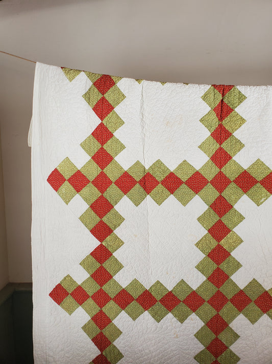 19th Century Red & Green Antique Quilt Irish Chain