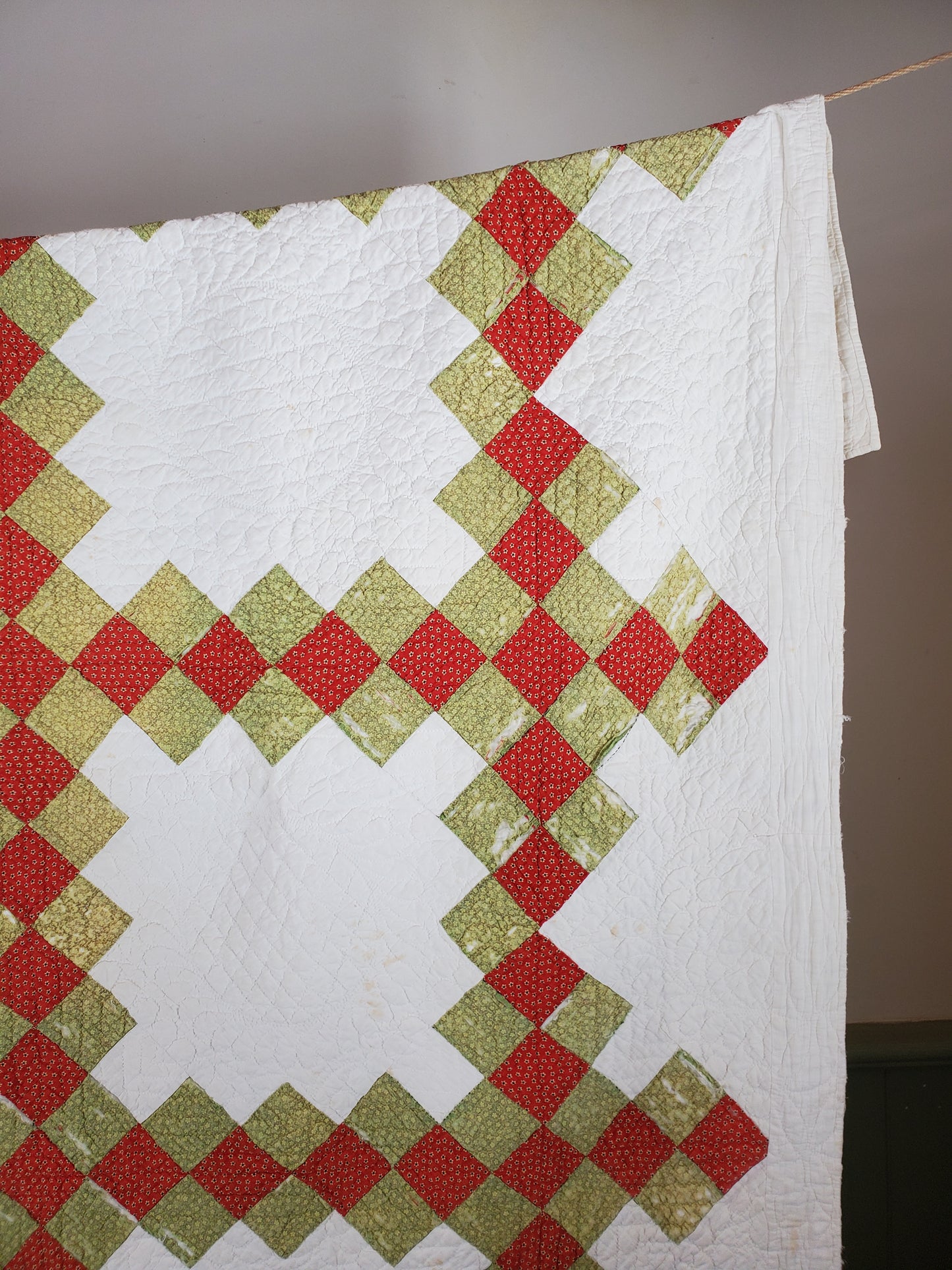 19th Century Red & Green Antique Quilt Irish Chain