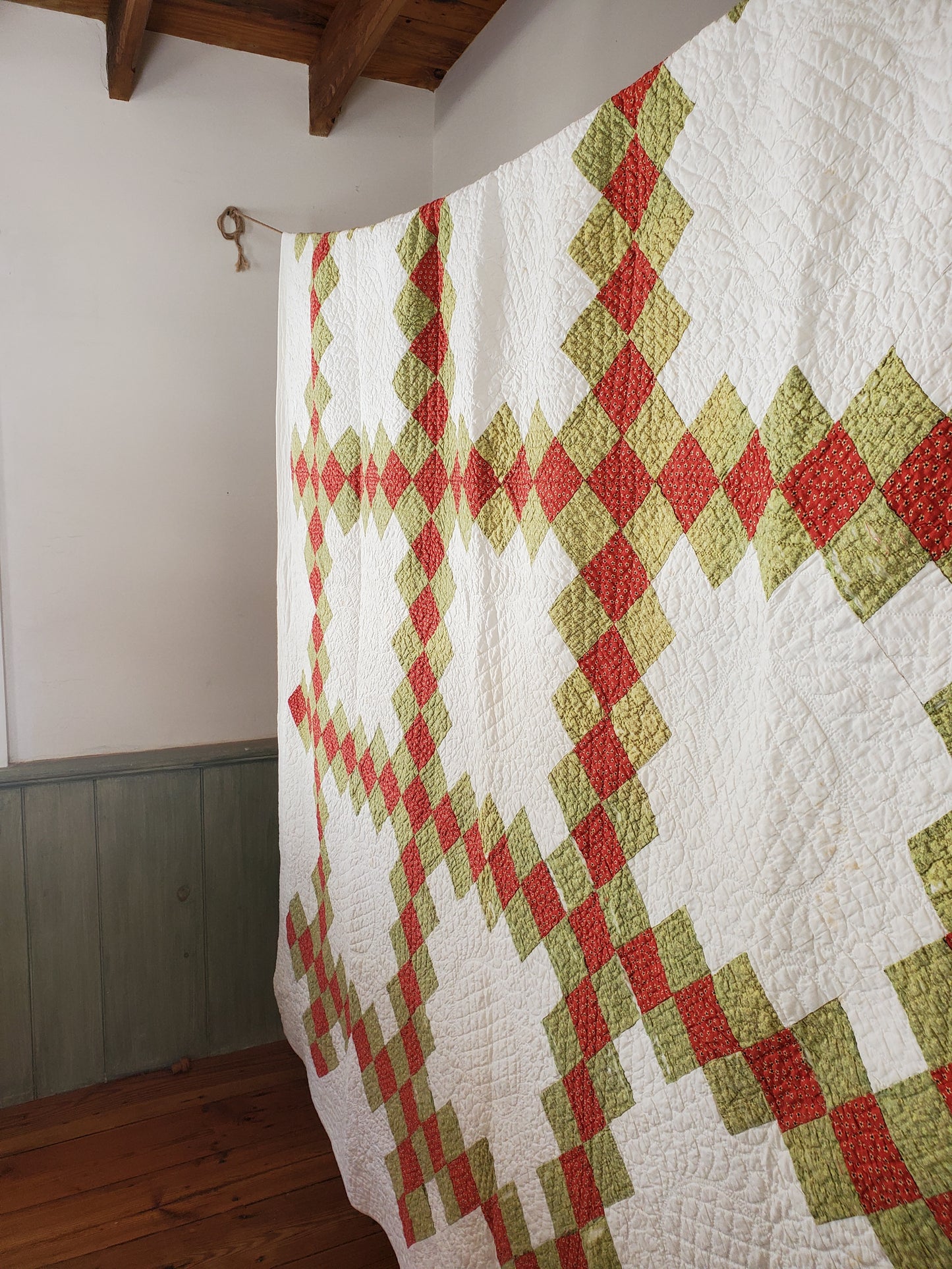 19th Century Red & Green Antique Quilt Irish Chain