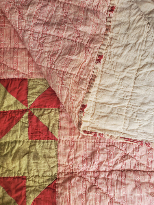 Hand Pieced Green, Pink, & Red Pinwheel Antique Quilt, 19th century