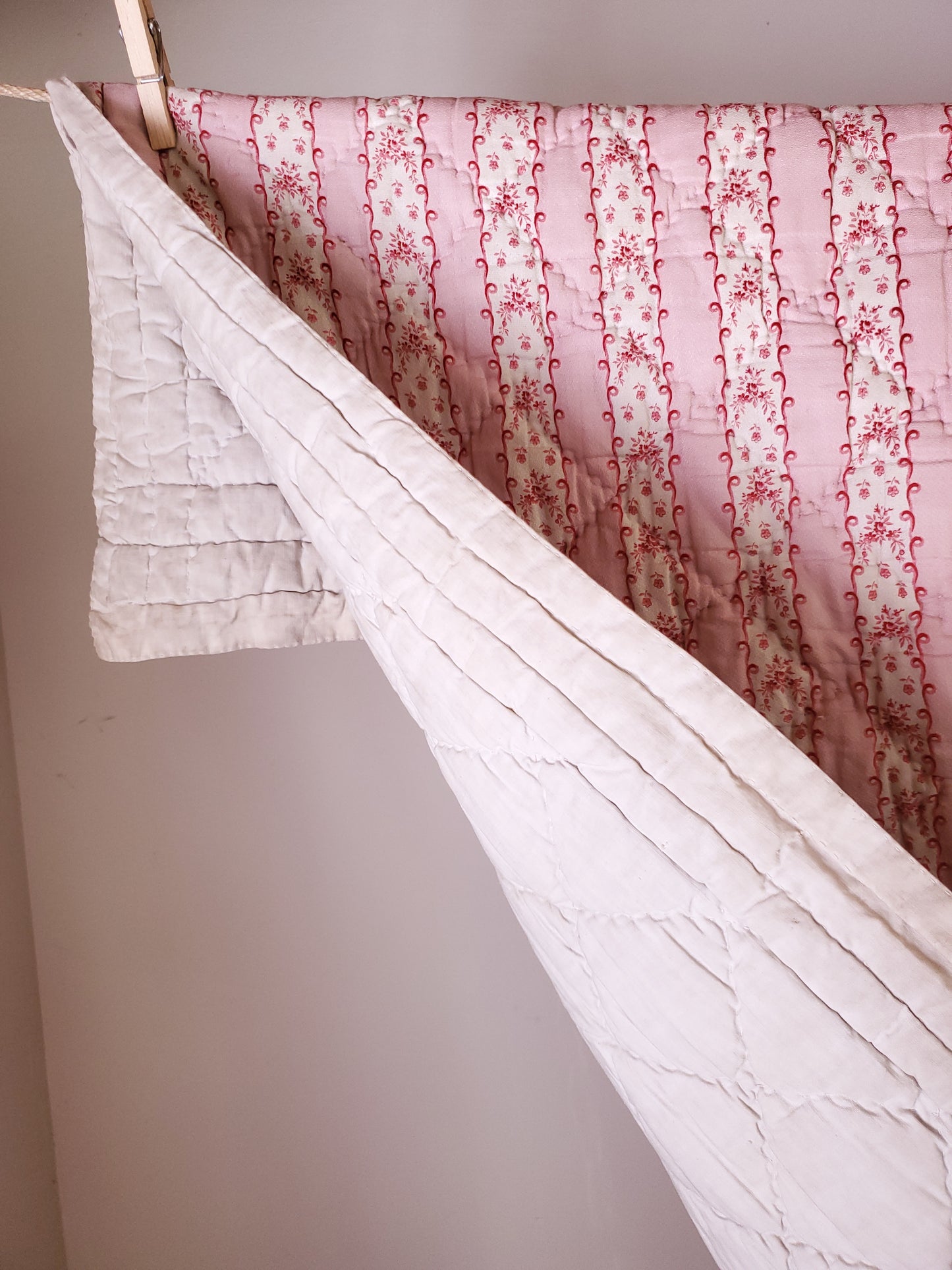 Antique Pink and Cream Provencal French Boutis Quilt