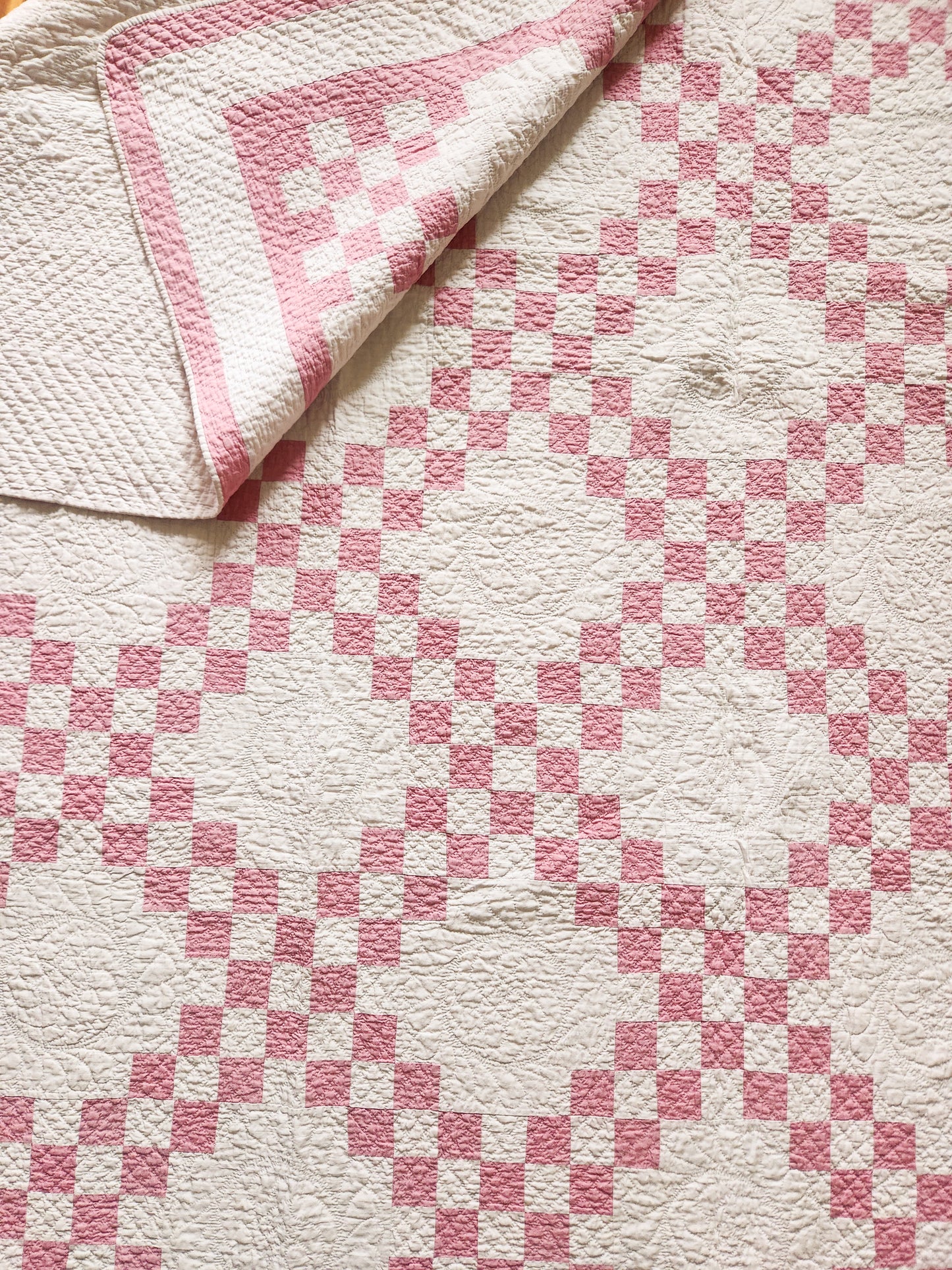 Vintage Pink and White Irish Chain Quilt