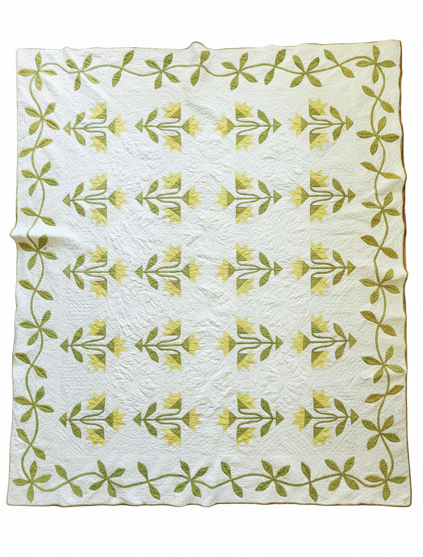 19th Century Green and White Lily Quilt