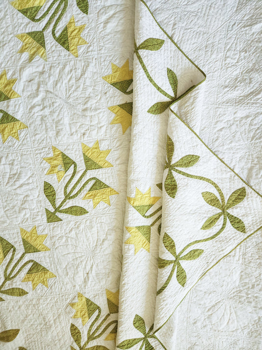 19th Century Green and White Lily Quilt