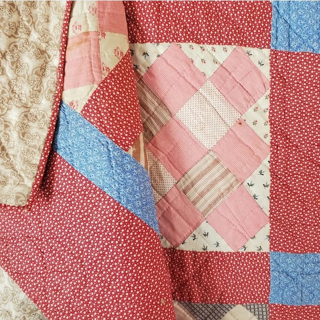 Pink & Blue Calico Antique Quilt