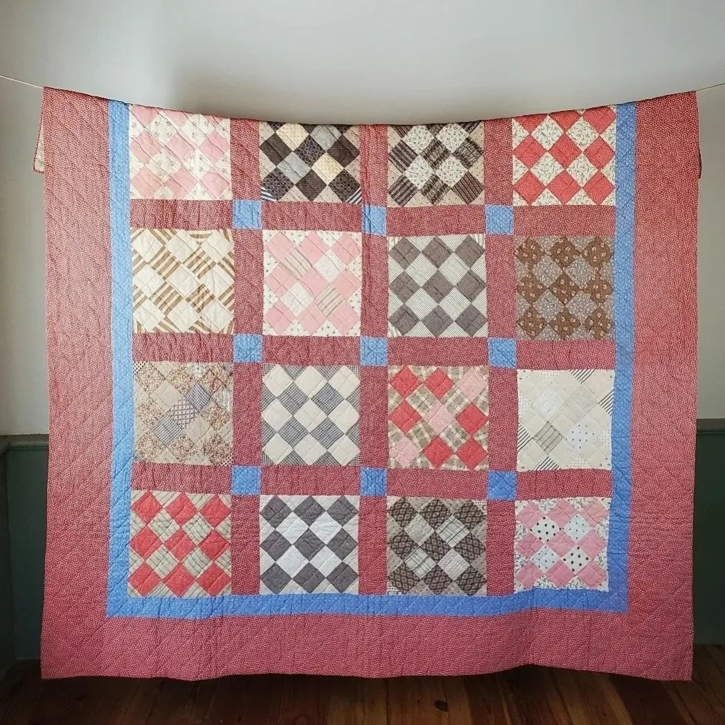 Pink & Blue Calico Antique Quilt