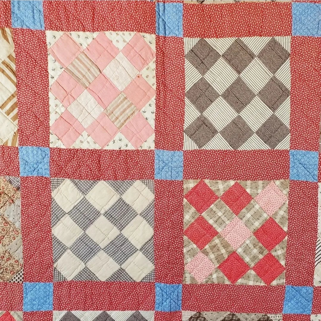 Pink & Blue Calico Antique Quilt