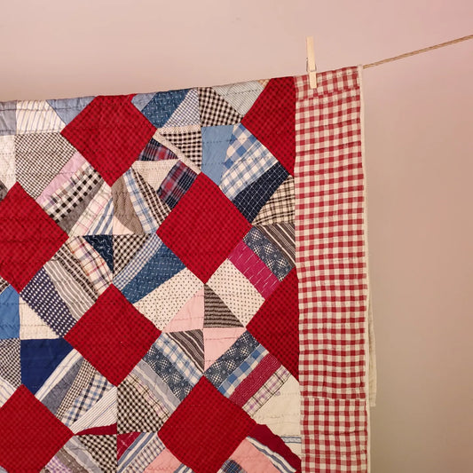 Hand Pieced, Early 20th Century String Quilt in Red, White & Blue With Red Gingham