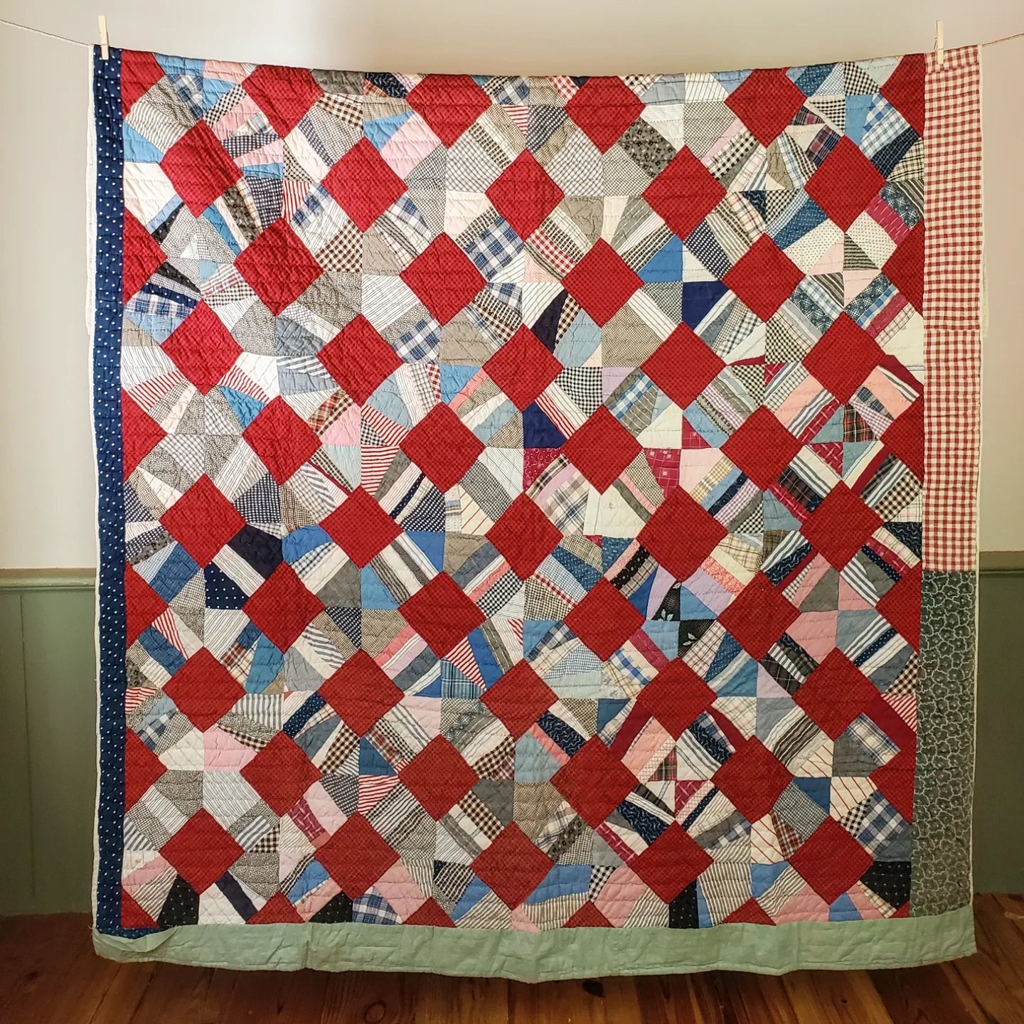 Hand Pieced, Early 20th Century String Quilt in Red, White & Blue With Red Gingham