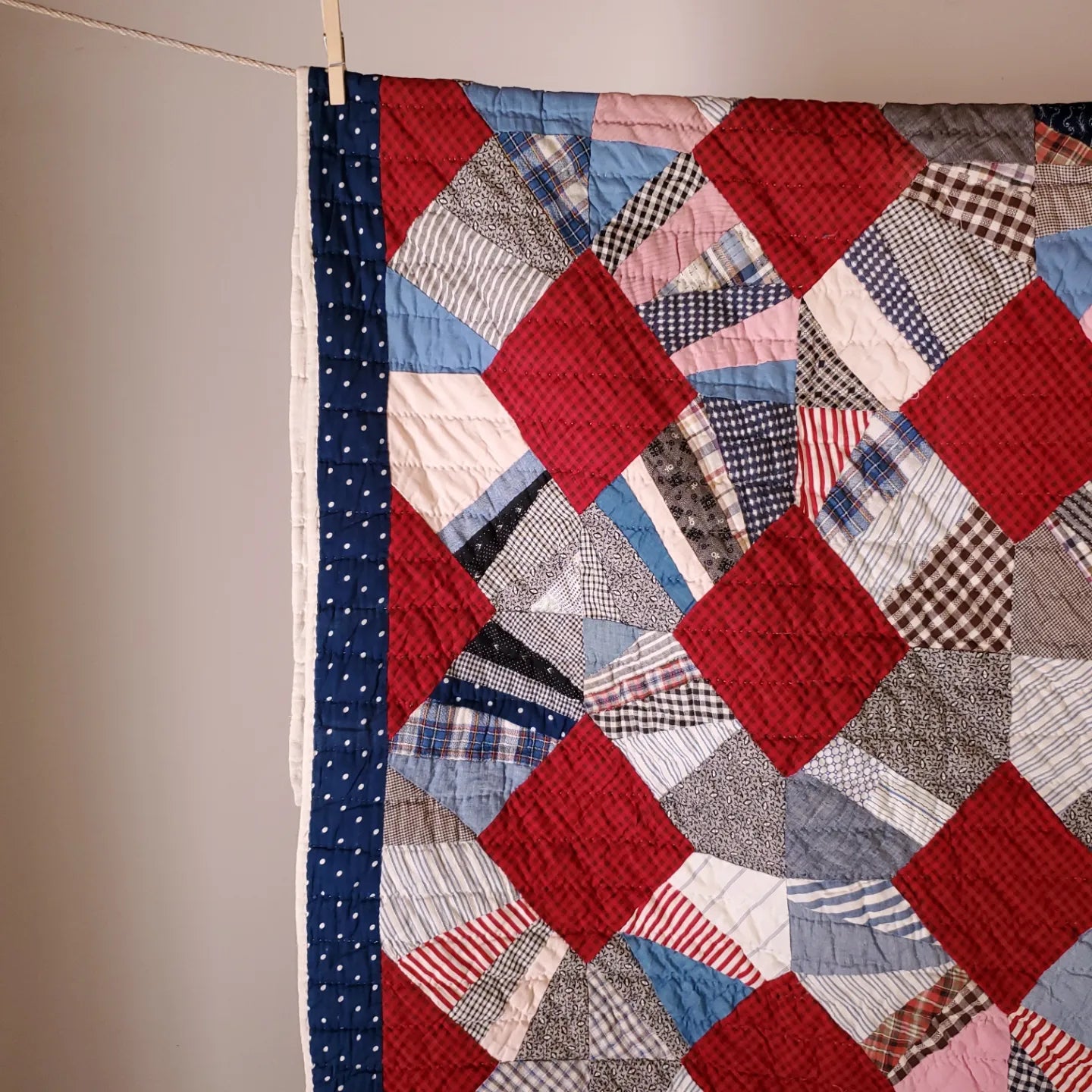 Hand Pieced, Early 20th Century String Quilt in Red, White & Blue With Red Gingham